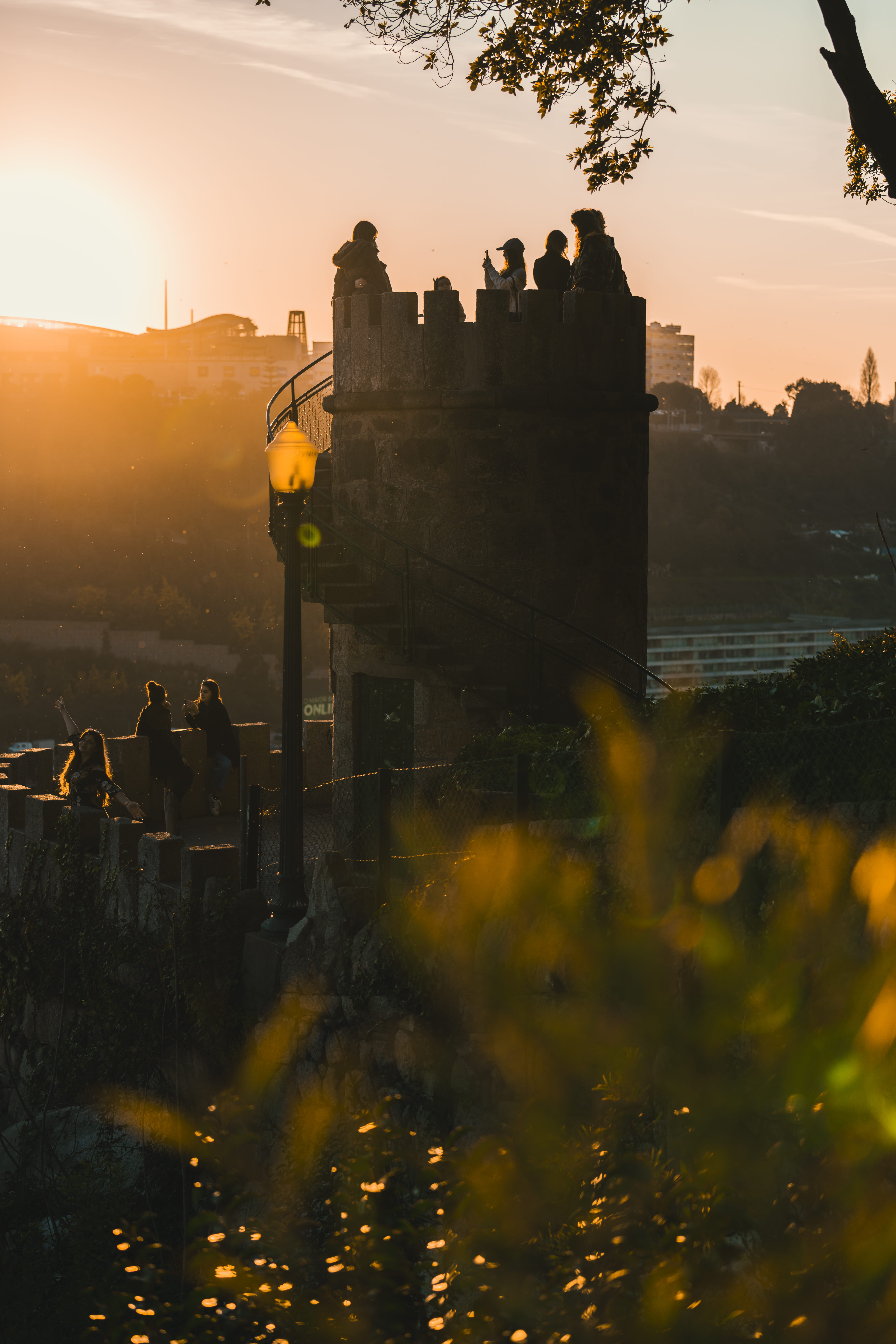 person, cityscape, 8K, portugal, nature, fort, jardins do palácio de cristal, water, porto, dawn, orange color, outdoors, daytime, castle, red sky, light, Phone HD Wallpaper