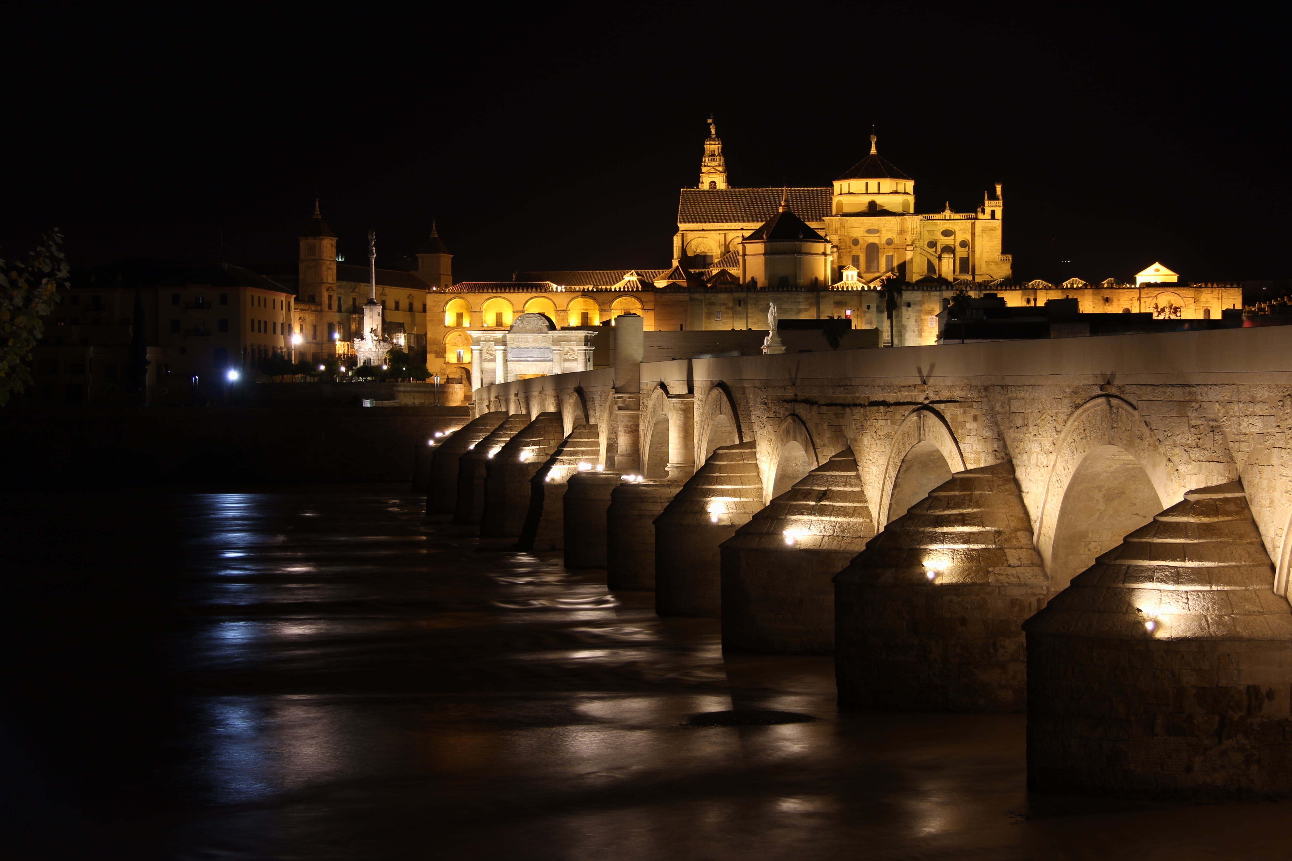 history, lighting equipment, water, concrete, building exterior, travel destinations, no people, cordoba, government, white, roman bridge, night, andalusia, HD Wallpaper