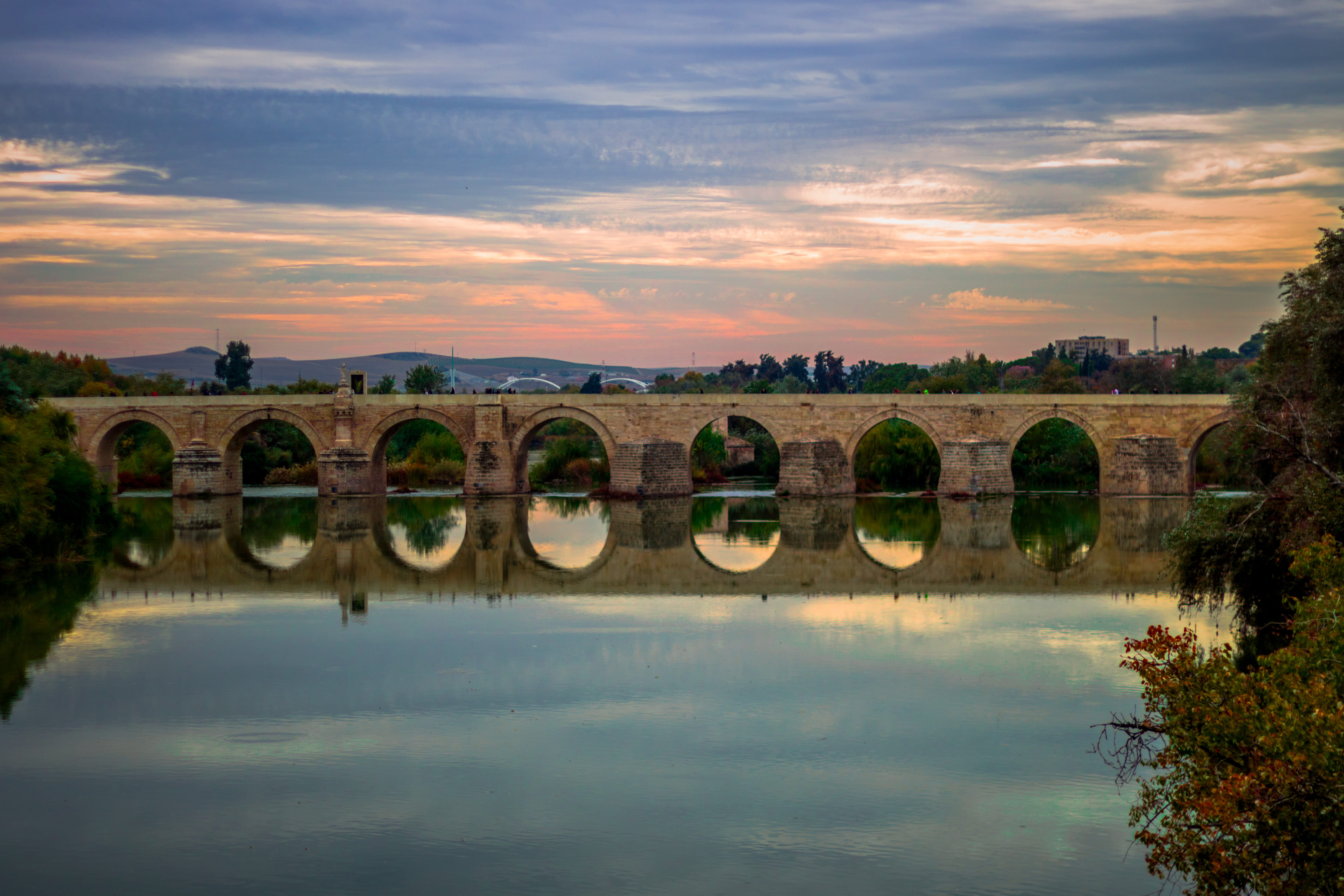 park, trees, bridge - man made structure, architecture, beauty in nature, guadalquivir, nature, tranquility, summer, dam, clouds, sky, 5K, spain, reflection, HD Wallpaper