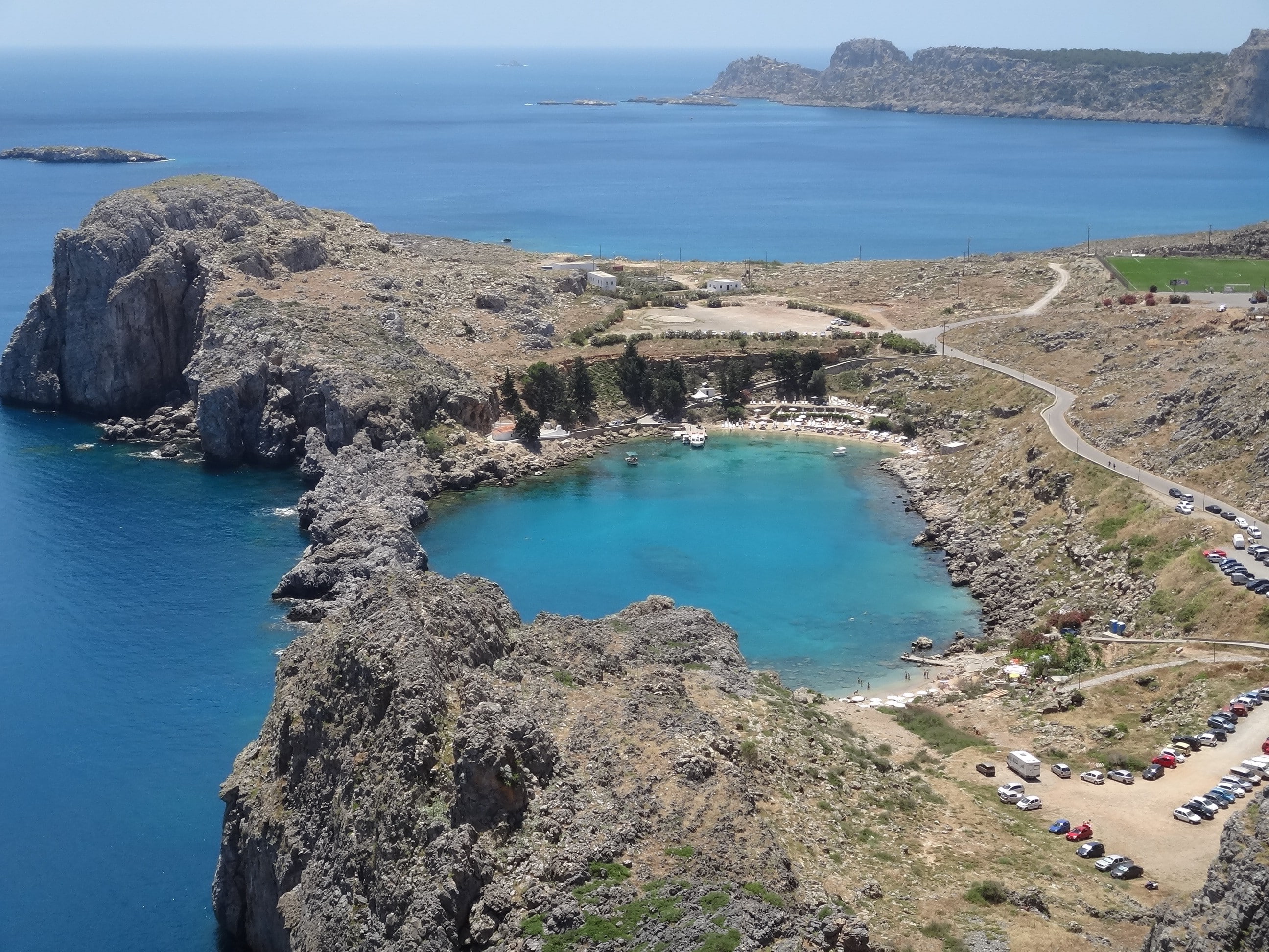 bay, assorted, 2K, greece, lindos, cars, Lindos bay, Rhodes, HD Wallpaper