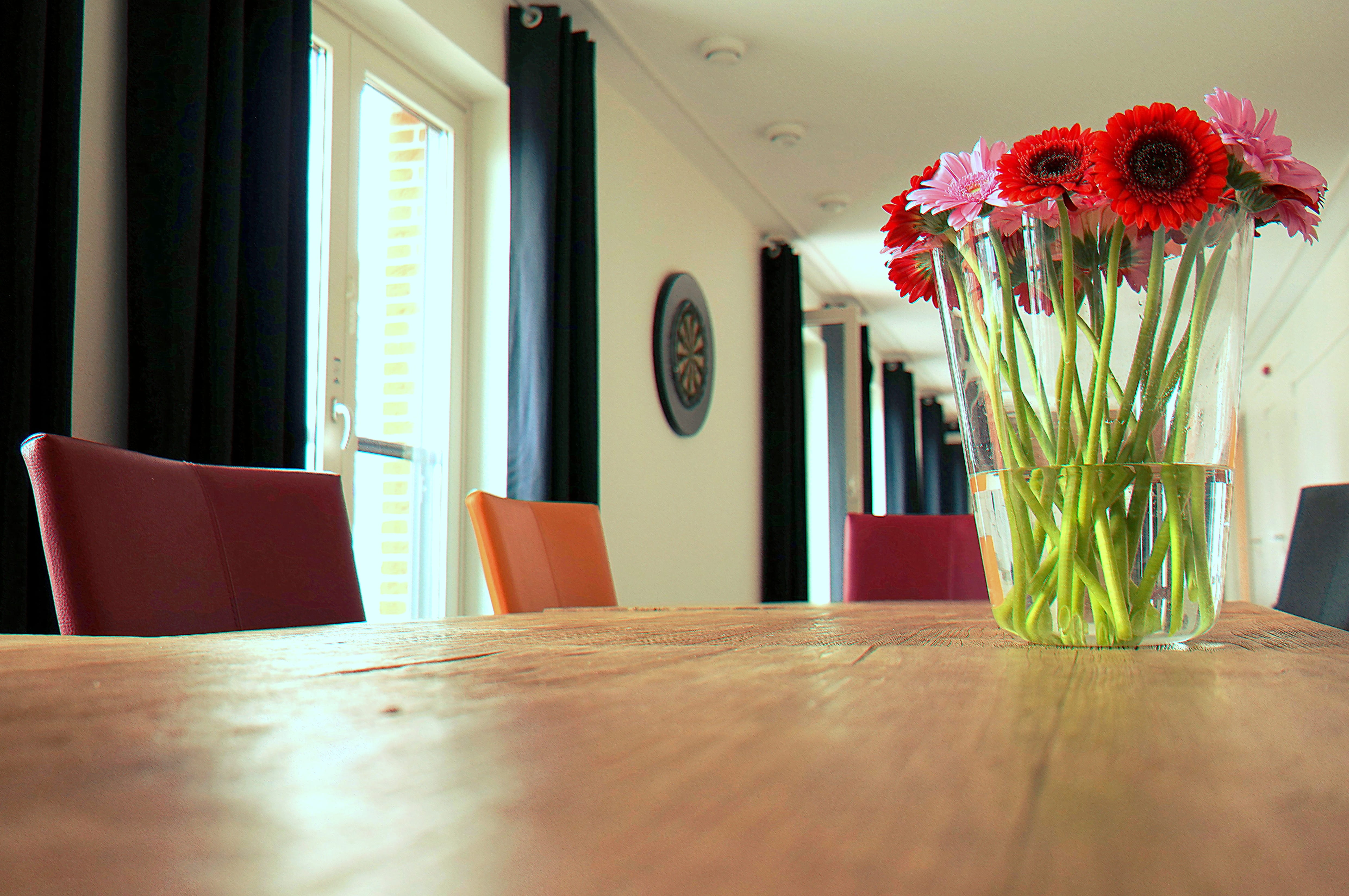 architecture, house, apartment, red, chairs, surface level, flowering plant, glass windows, 4K, seat, vulnerability, modern, minimalist, chair, furniture, HD Wallpaper
