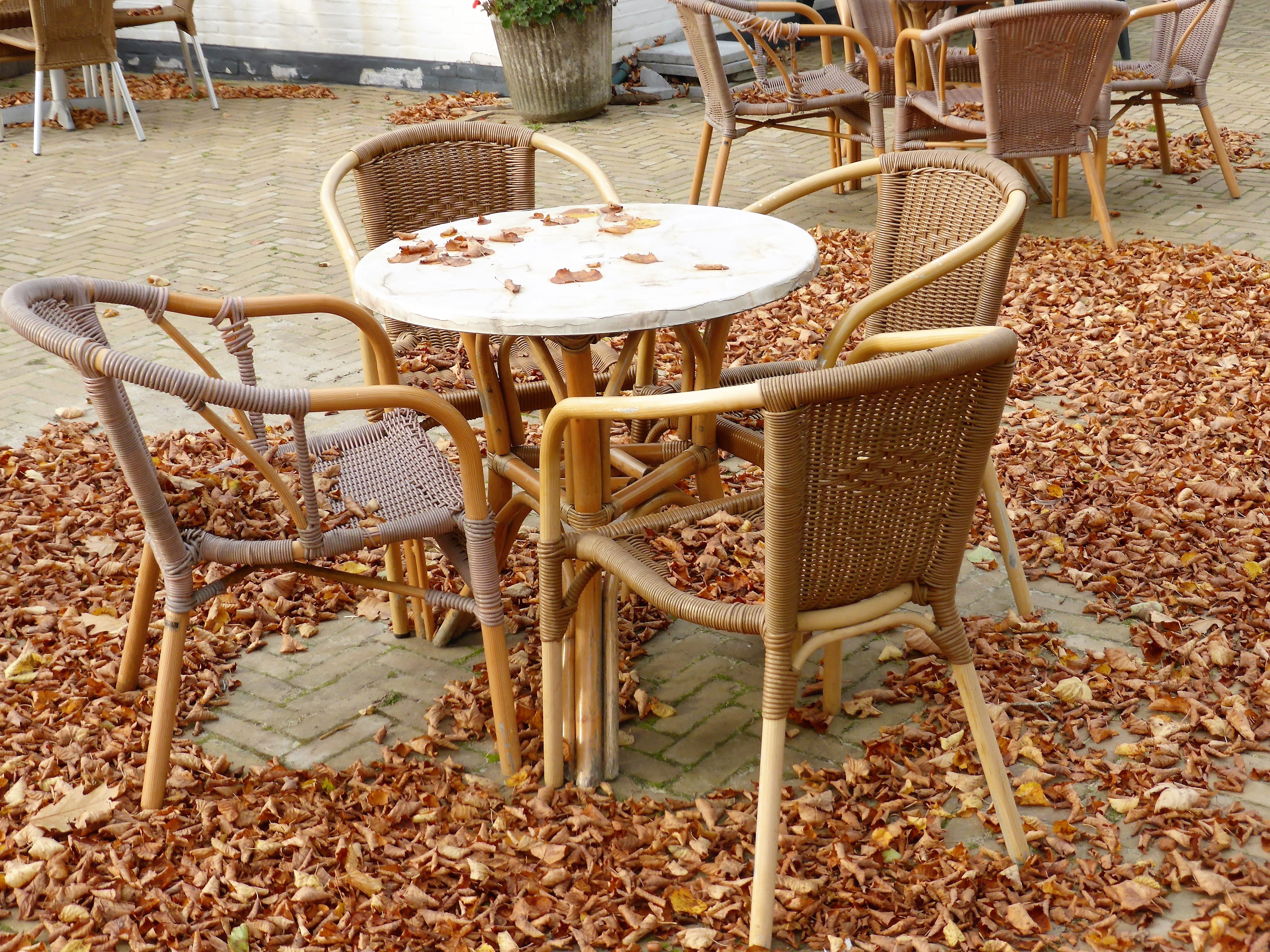 4K, cafe, wicker, terrace, sidewalk cafe, silent, chairs, no people, absence, table, time, furniture, autumn, food and drink, tourism, day, seat, resting place, HD Wallpaper