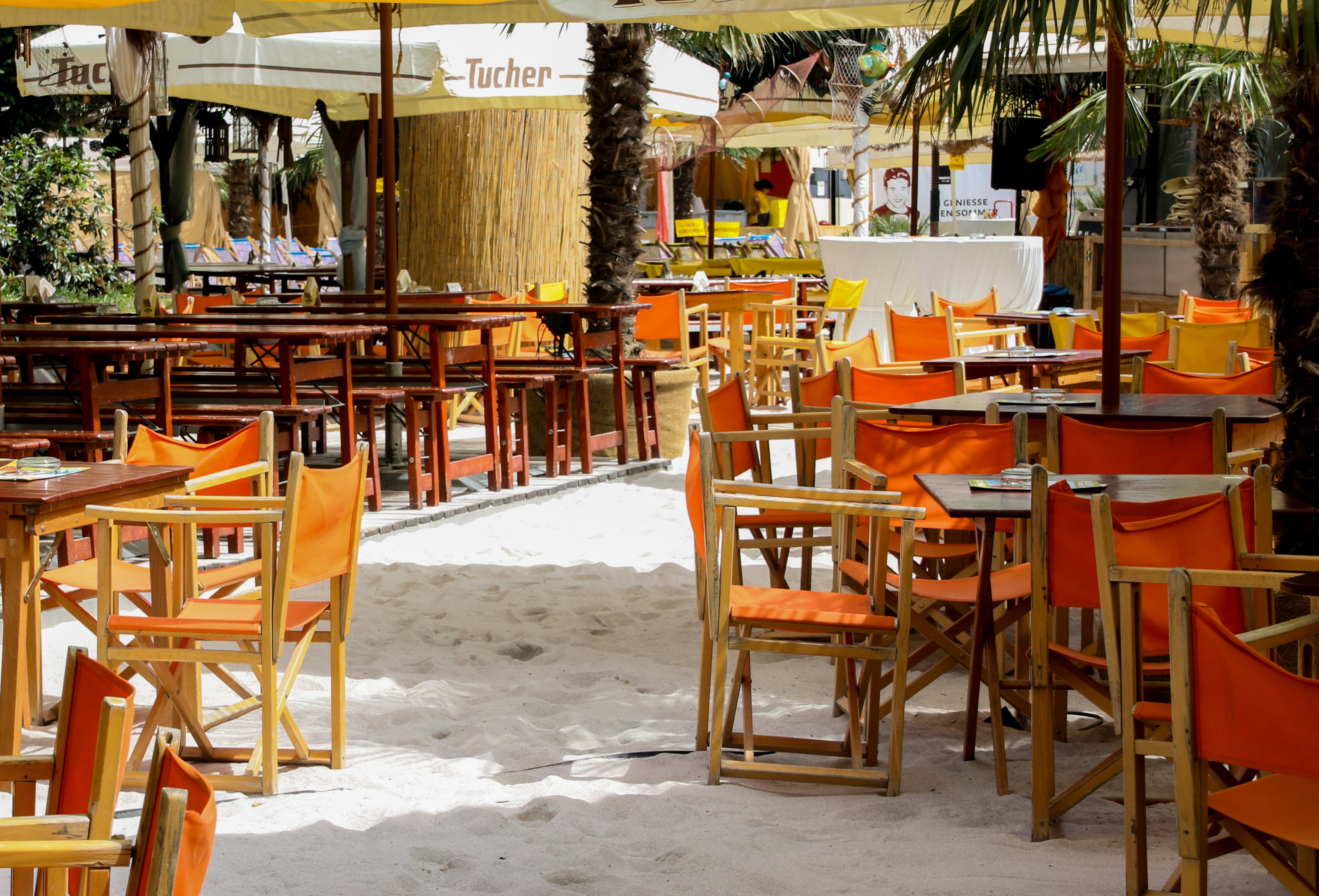 seat, beach, 4K, cold temperature, cafe, business, empty, built structure, sand, day, arrangement, chair, absence, wood - material, table, outdoors, sun, HD Wallpaper