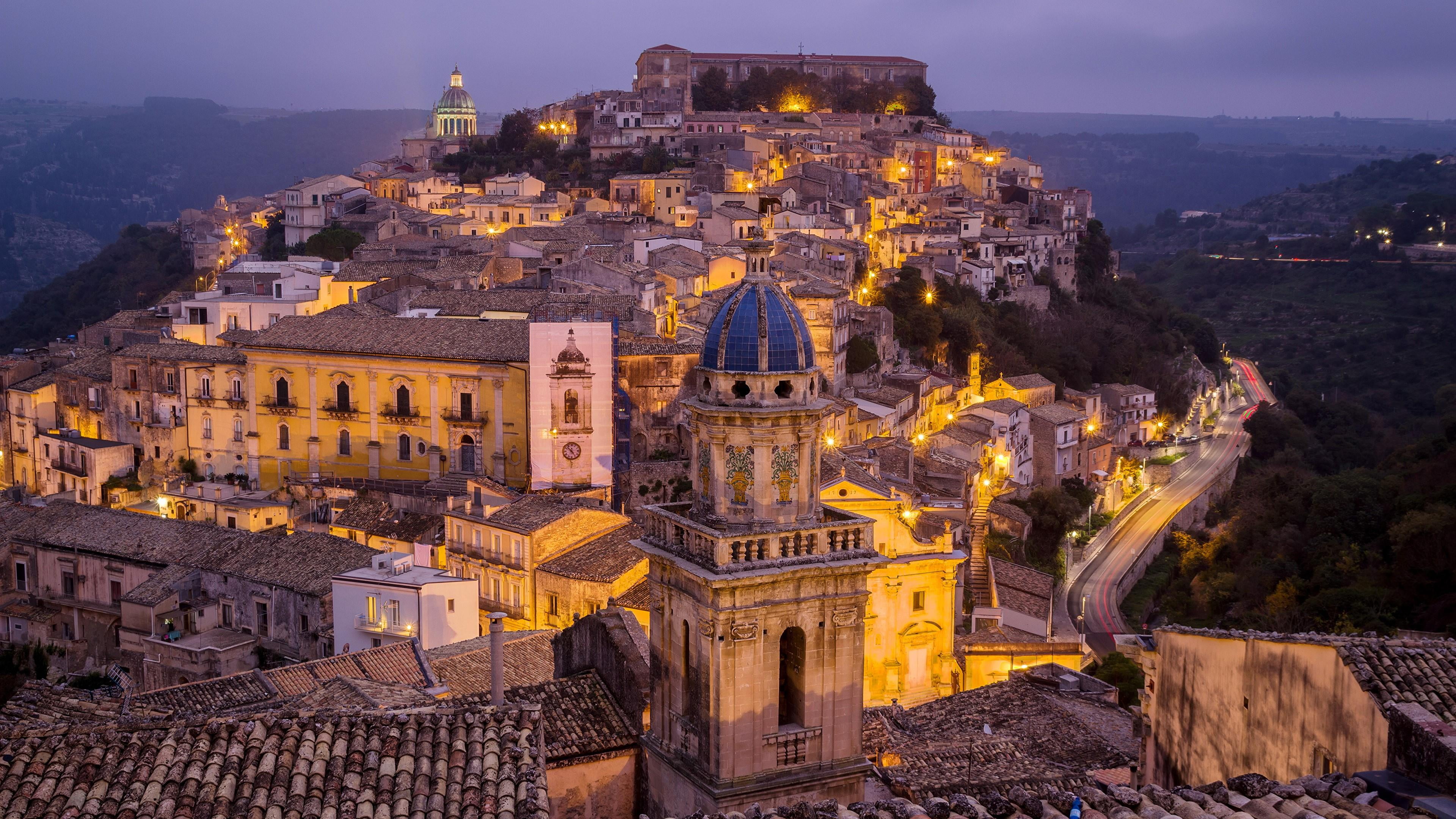 no people, ragusa, illuminated, building, tower, ancient civilization, old, residential district, town, sky, nature, history, sicily, architecture, travel destinations, HD Wallpaper