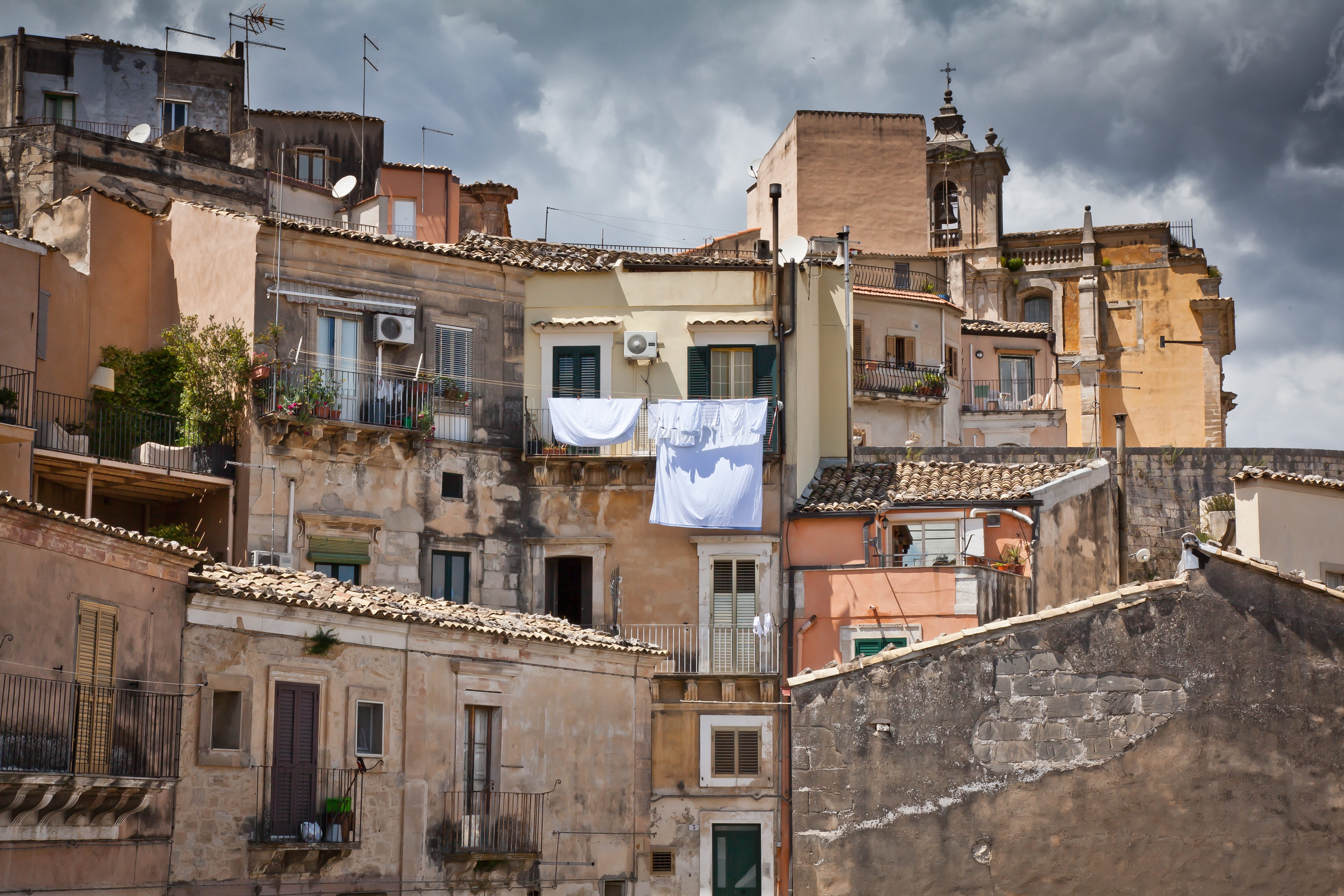 day, flag, ragusa ibla, sicily, hanging, clothing, no people, landscape, sky, concrete, window, built structure, 5K, city, italy, outdoors, ragusa, low angle view, HD Wallpaper