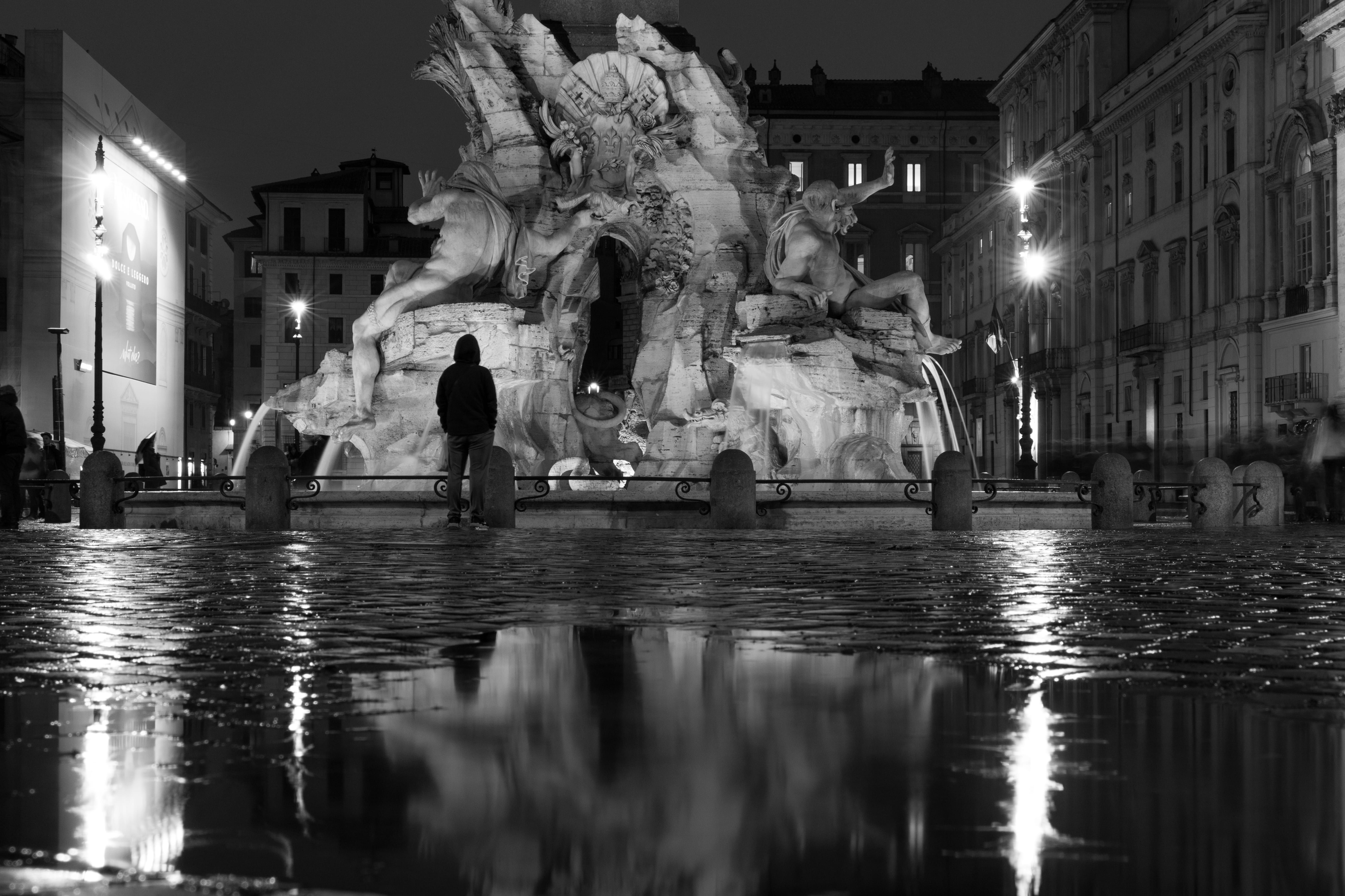 urban, water, water fountain, reflection, puddle, sculpture, statue, italy, city, built structure, rome, cobblestone, building, tourist, plaza, group of people, HD Wallpaper