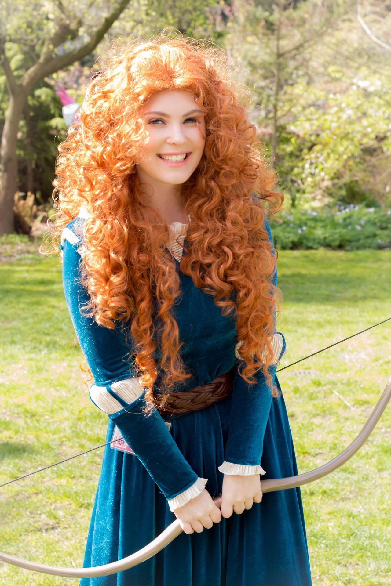 human hair, young adult, cosplay, women, portrait, emotion, outdoors, blue dress, cheerful, smiling, redhead, nature, bow, curly hair, portrait display, Phone HD Wallpaper