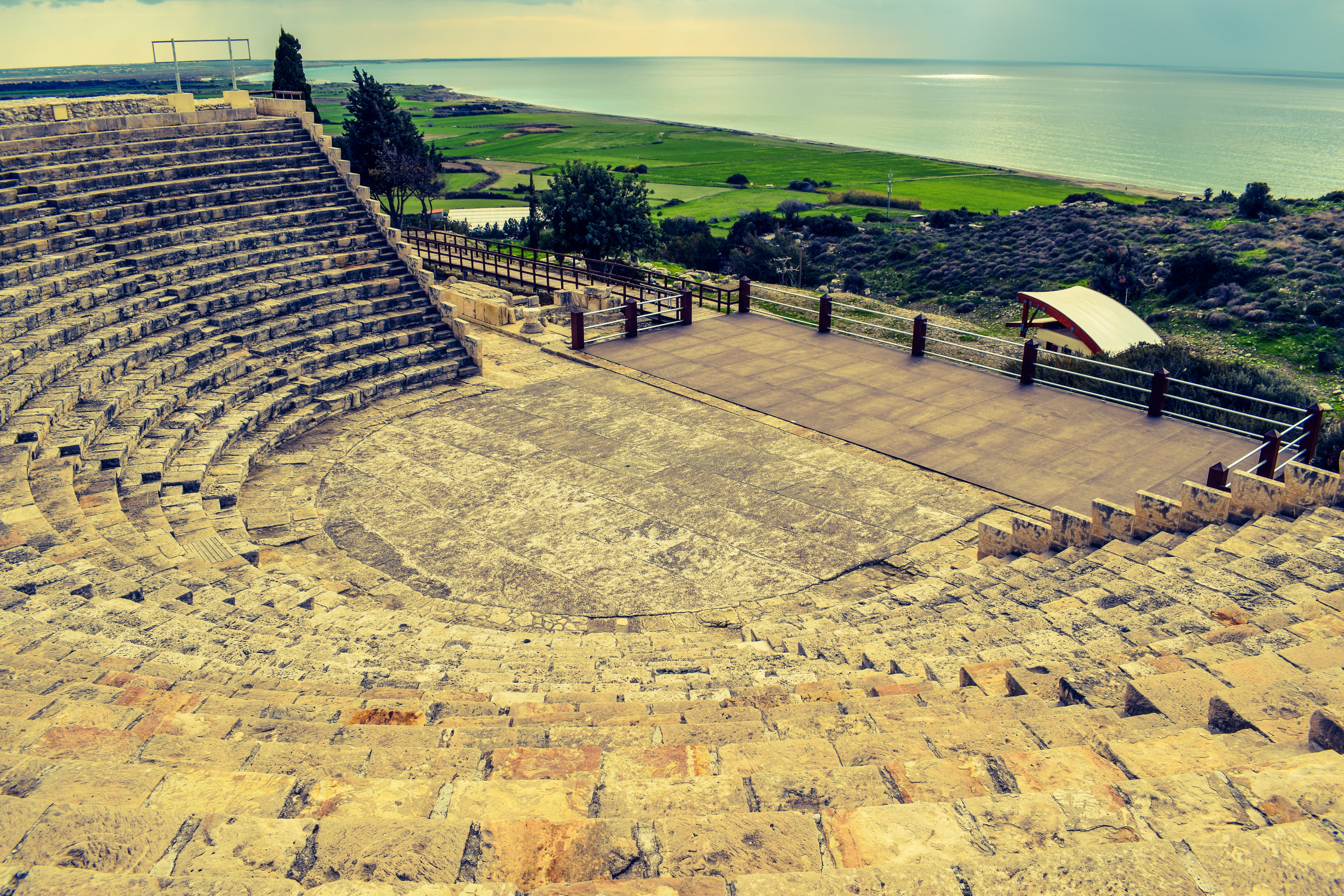 kourion, aerial, mediterranean, ruins, tree, photo, landmark, world heritage site, archaeology, ancient theatre, built structure, stairs, rural scene, outdoors, HD Wallpaper