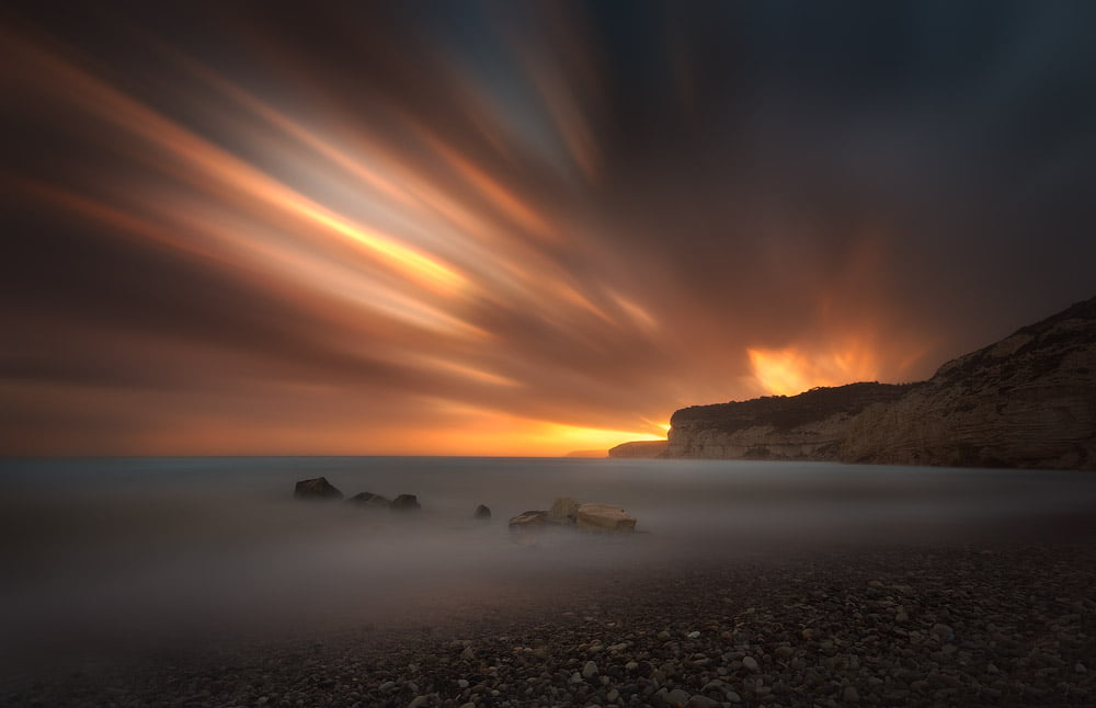 beach, laps, shore, dusk, hour, sea, nature, kourion, sunset, cyprus, storm, clouds, Time  time, rock, cliffs, nikon, tides, cliff, huczek, golden, golden hour, HD Wallpaper