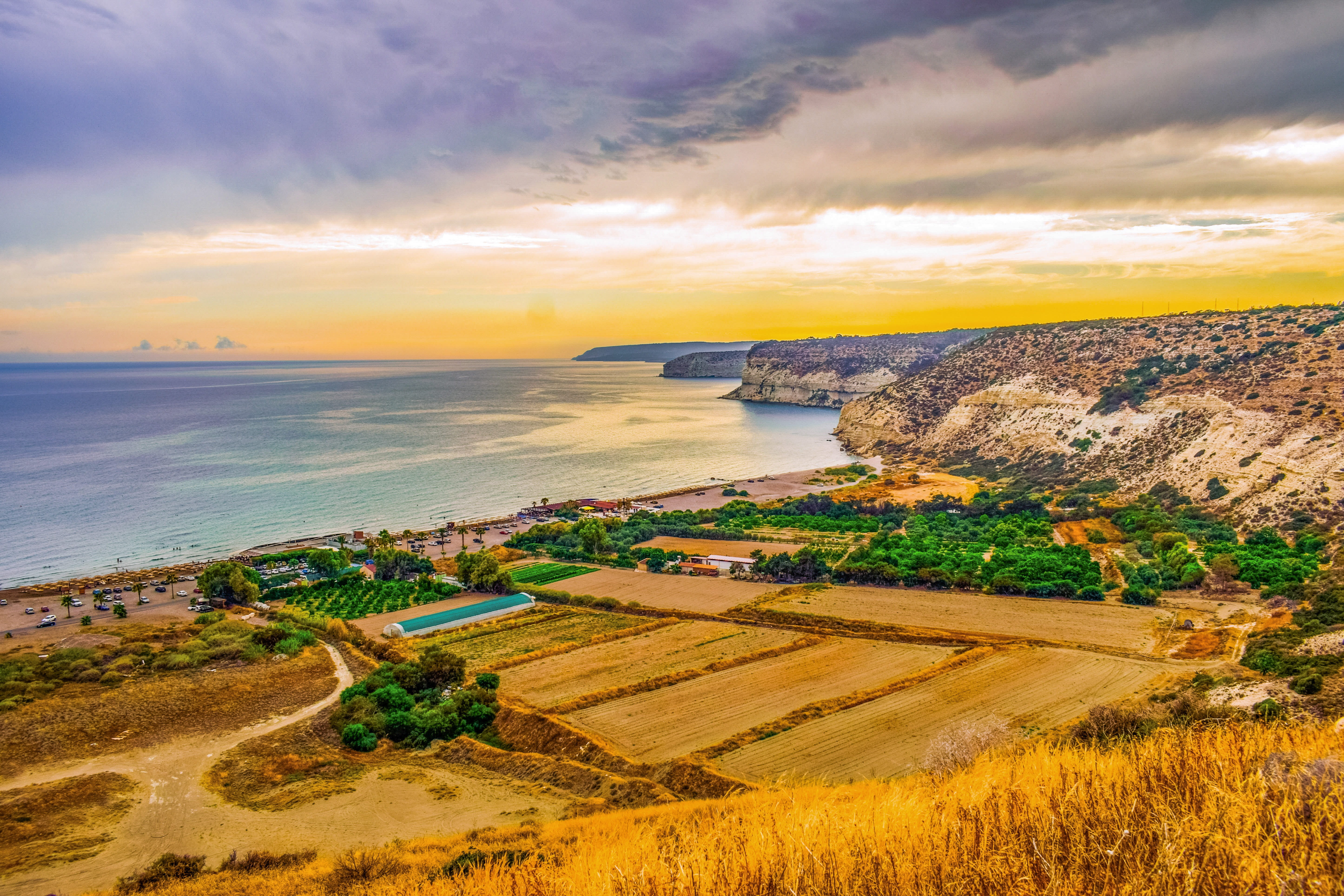 environment, tranquil scene, water, agriculture, cliffs, sunset, beauty in nature, plant, scenics - nature, afternoon, beach, coastline, tranquility, cyprus, HD Wallpaper