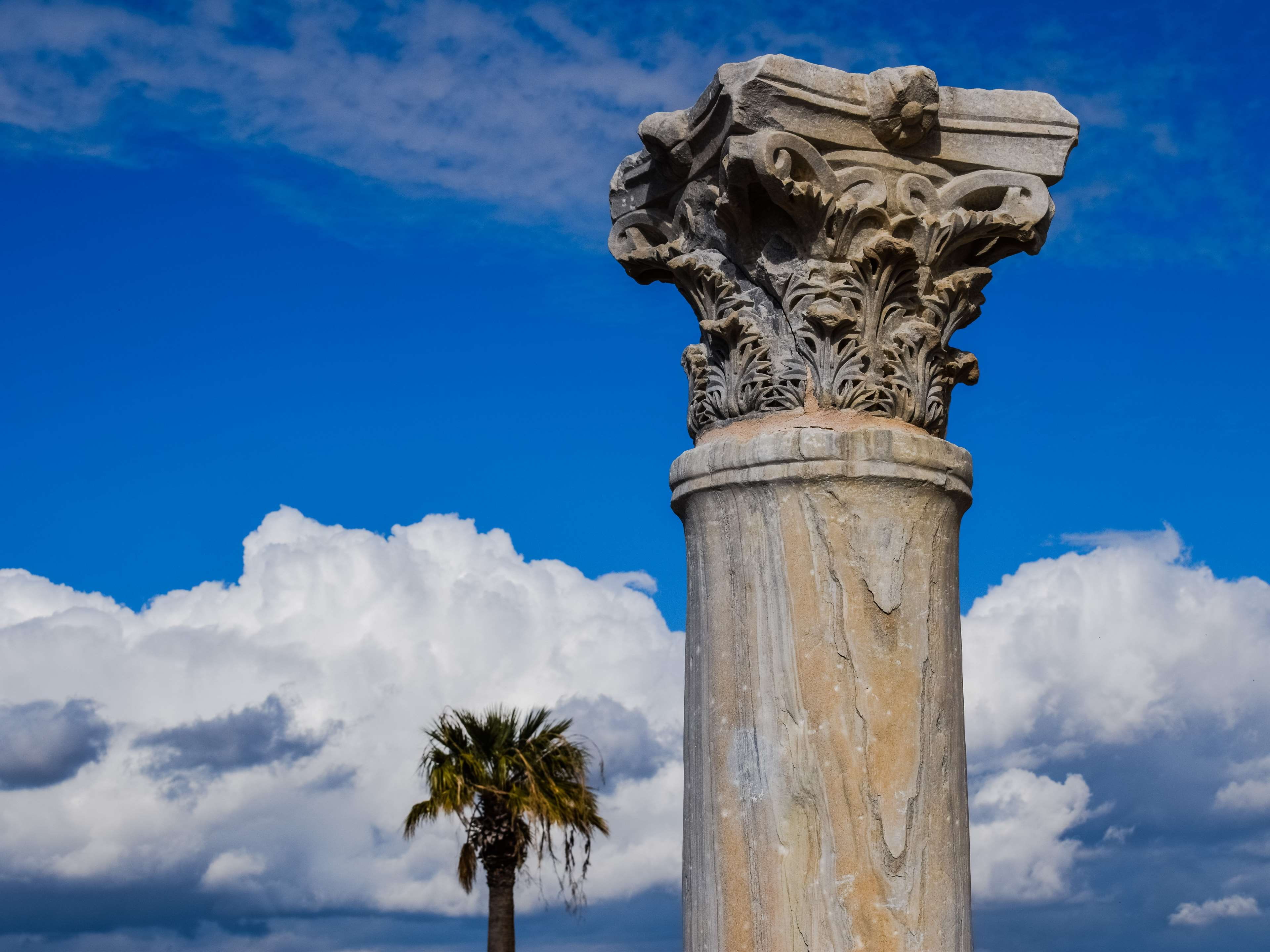 tree, cloud - sky, outdoors, landmark, no people, civilization, greek, blue, 4K, cyprus, low angle view, corinthian order, day, roman, archaeology, human representation, HD Wallpaper