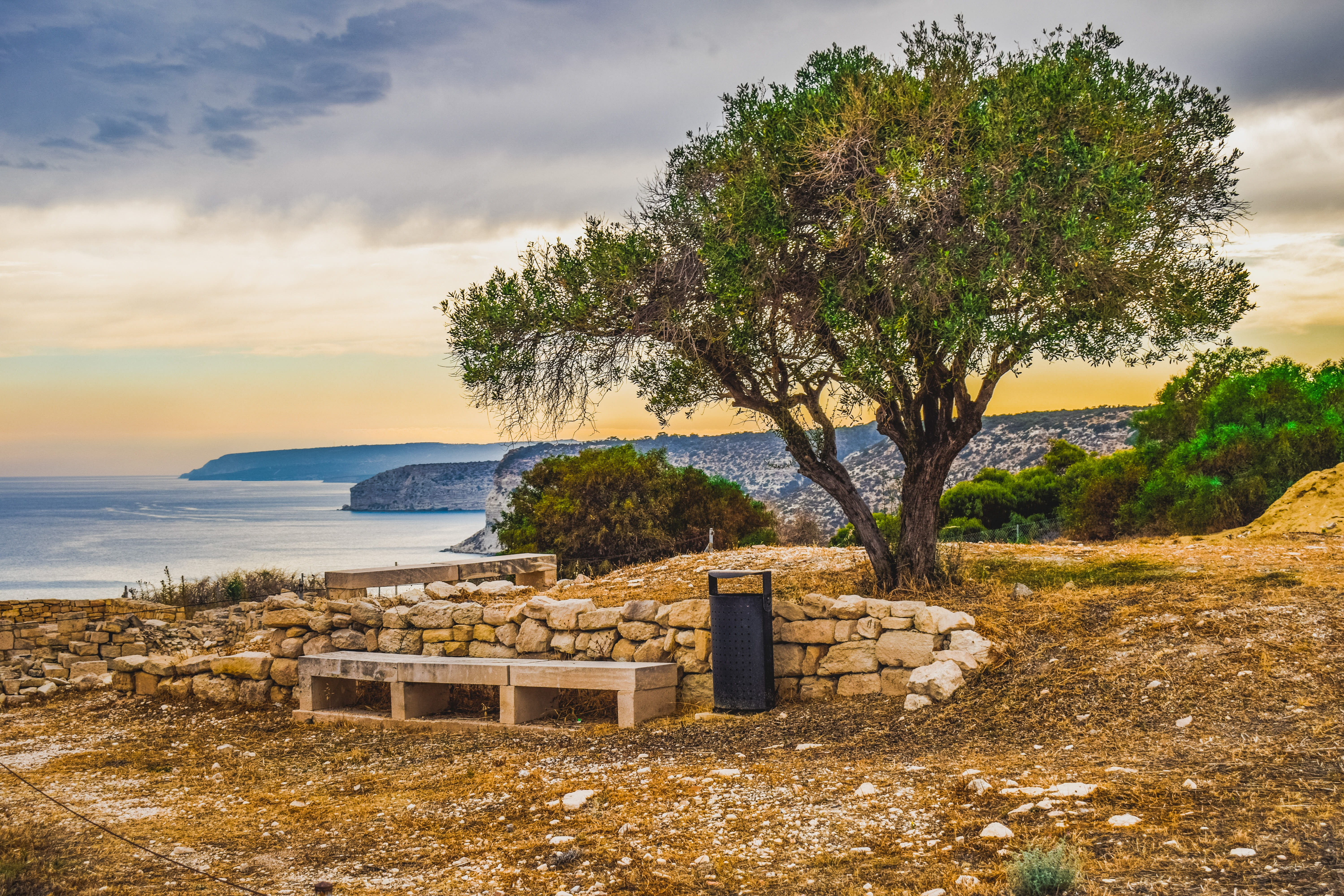 body, cloud - sky, roman, tranquility, bench, heritage, history, day, clouds, nature, land, horizon over water, greek, 5K, beside, kourion, no people, HD Wallpaper