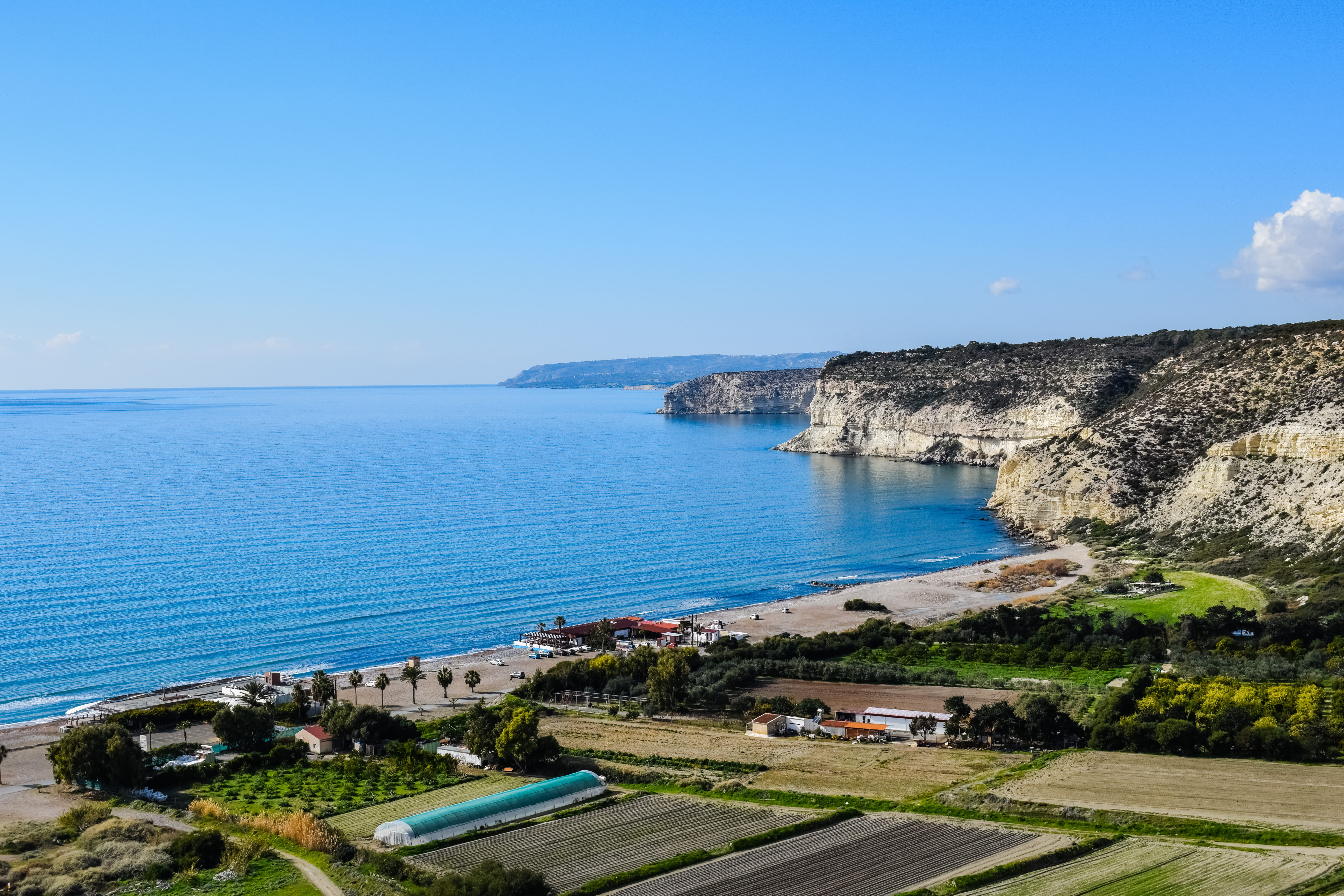 plant, outdoors, kourion beach, Beach, horizon, tranquility, day, no people, scenics - nature, 5K, Coast, land, horizon over water, cyprus, sky, Cliffs, HD Wallpaper