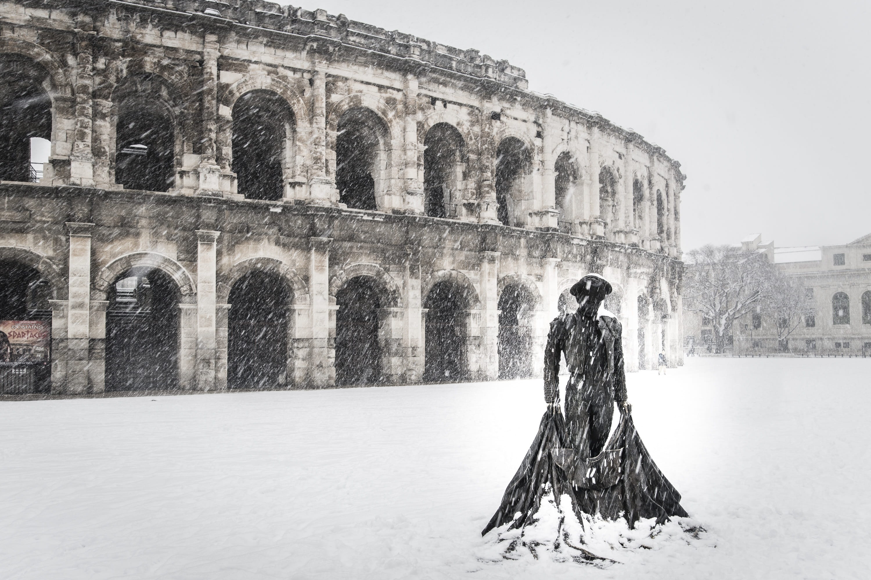 nimes, france, sky, warm clothing, built structure, roman, nature, the past, snowing, architecture, leisure activity, building exterior, cold temperature, HD Wallpaper