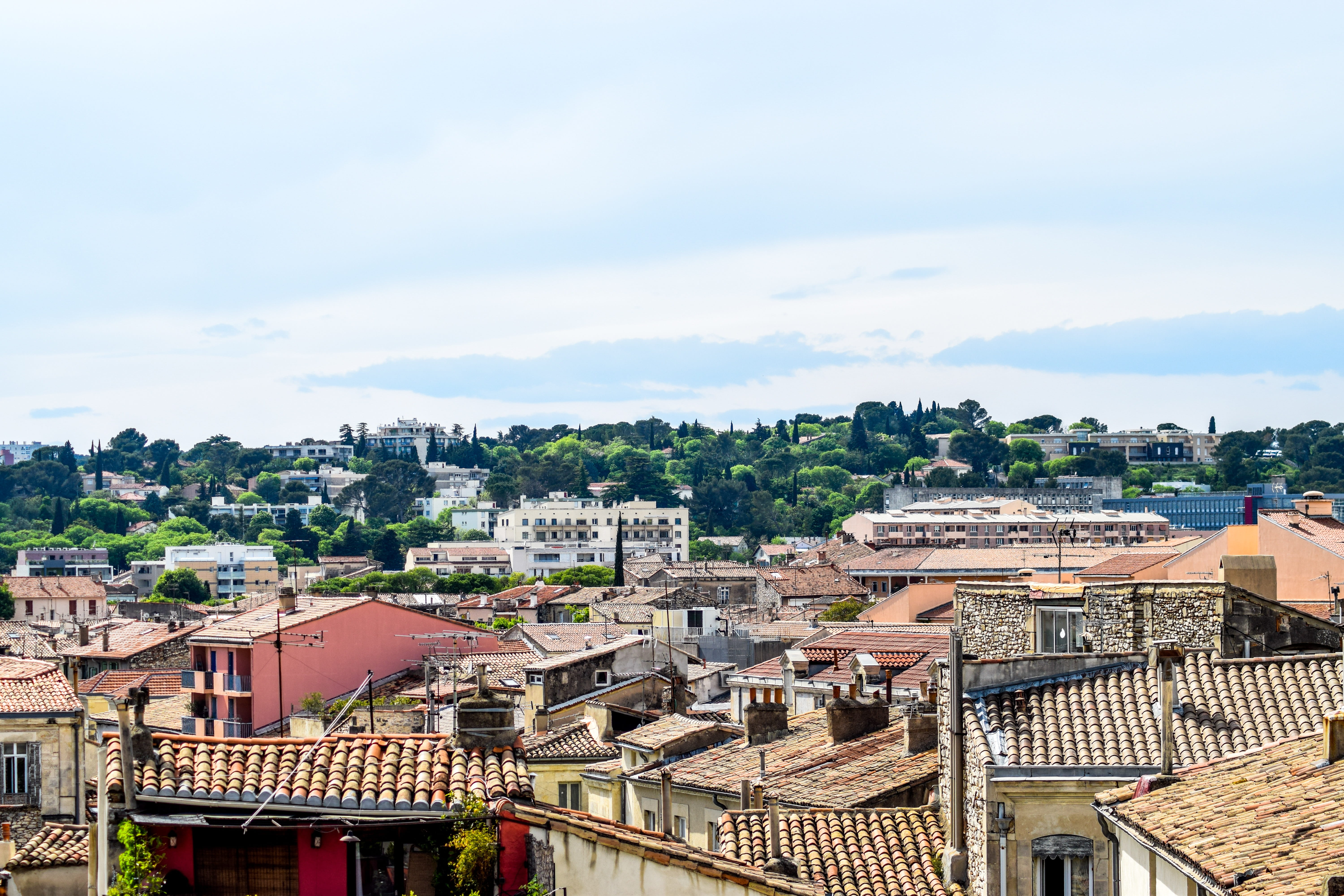 settlement, Nimes, roof, Tile, residential district, france, townscape, high angle view, terracotta, cityscape, tree, sky, Roof, red roof, building, uzès, HD Wallpaper