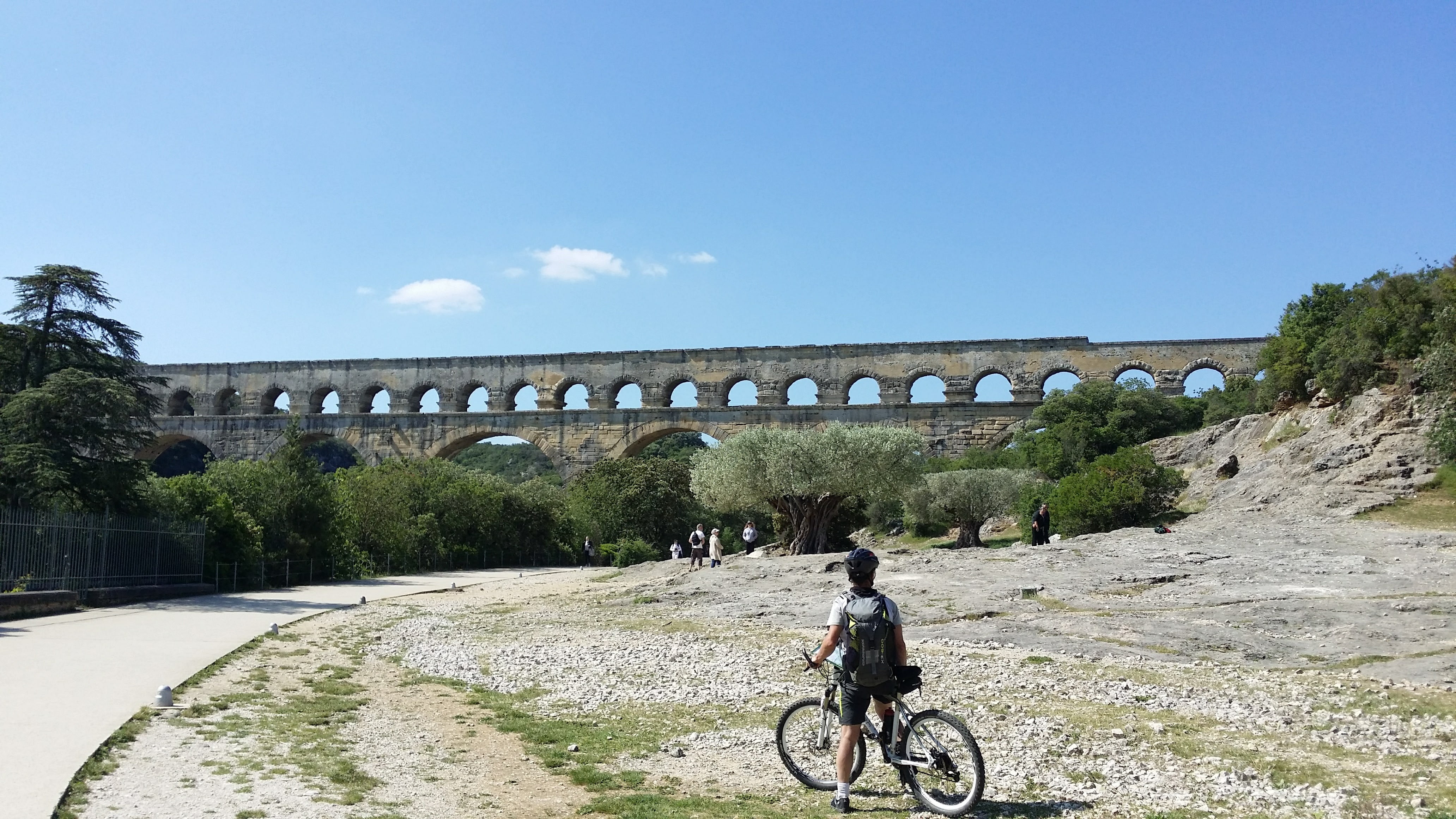 cycling, provence, mode of transportation, transportation, mountain biking, aqueduct, built structure, plant, outdoors, sky, nature, roman, riding, 4K, HD Wallpaper