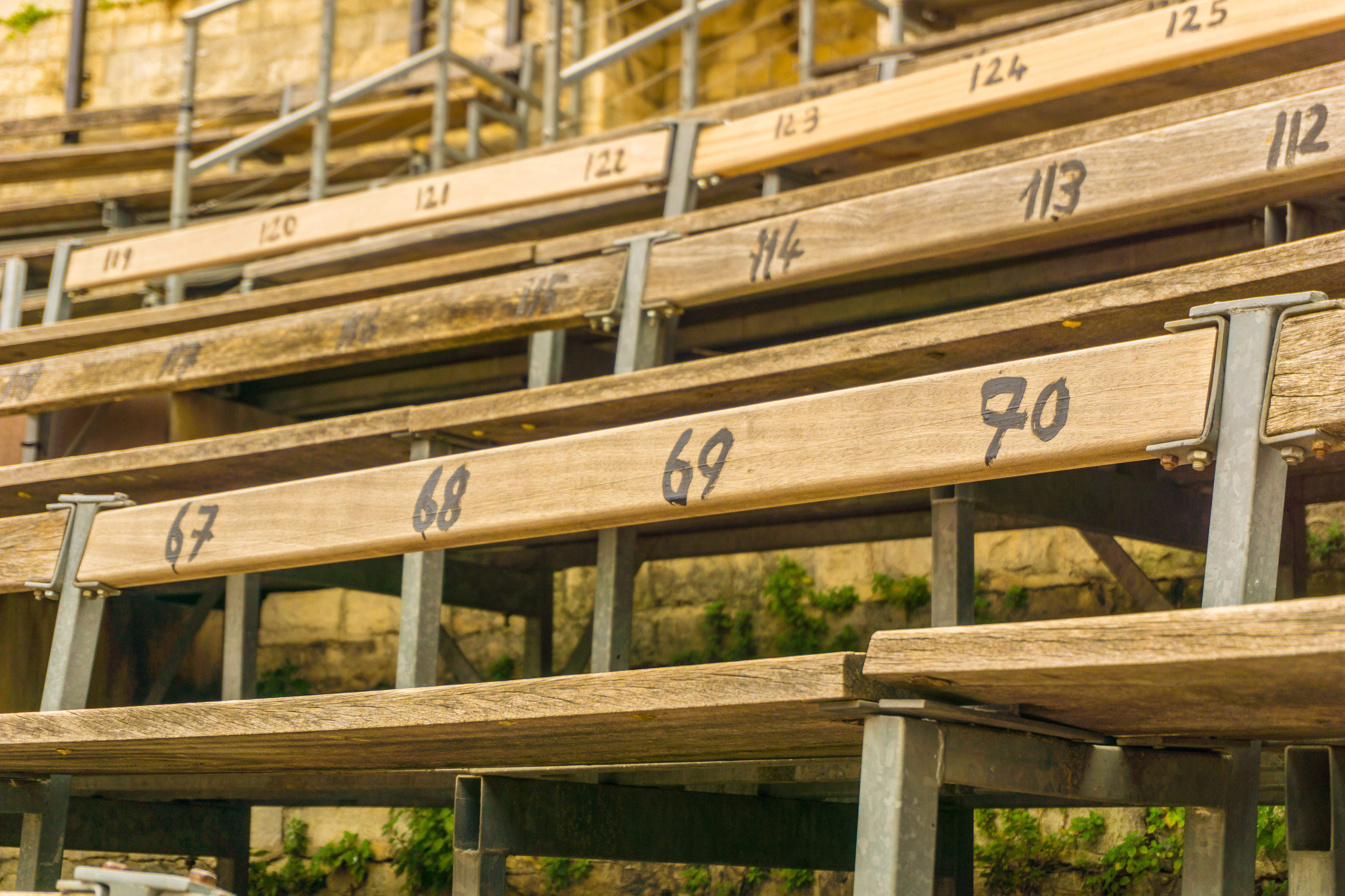 box, seat, wood - material, communication, order, built structure, in a row, no people, indoors, backgrounds, railing, education, bench, 5K, day, number, HD Wallpaper