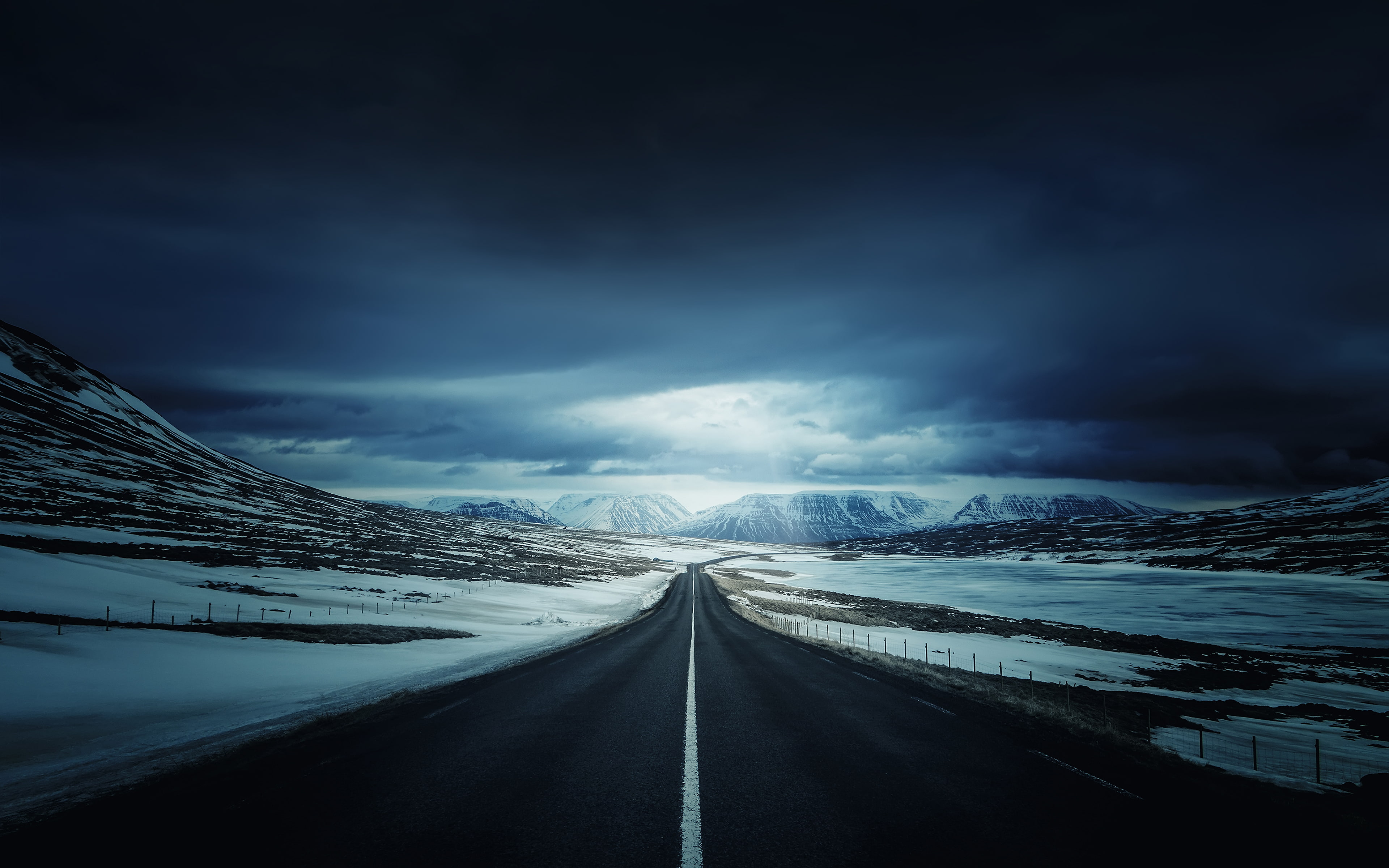 perspective, ring, snow, road, photography, blue, roads, mountains, sky, iceland, darkblue, winter, cloudy, landscape, 4K, s, HD Wallpaper
