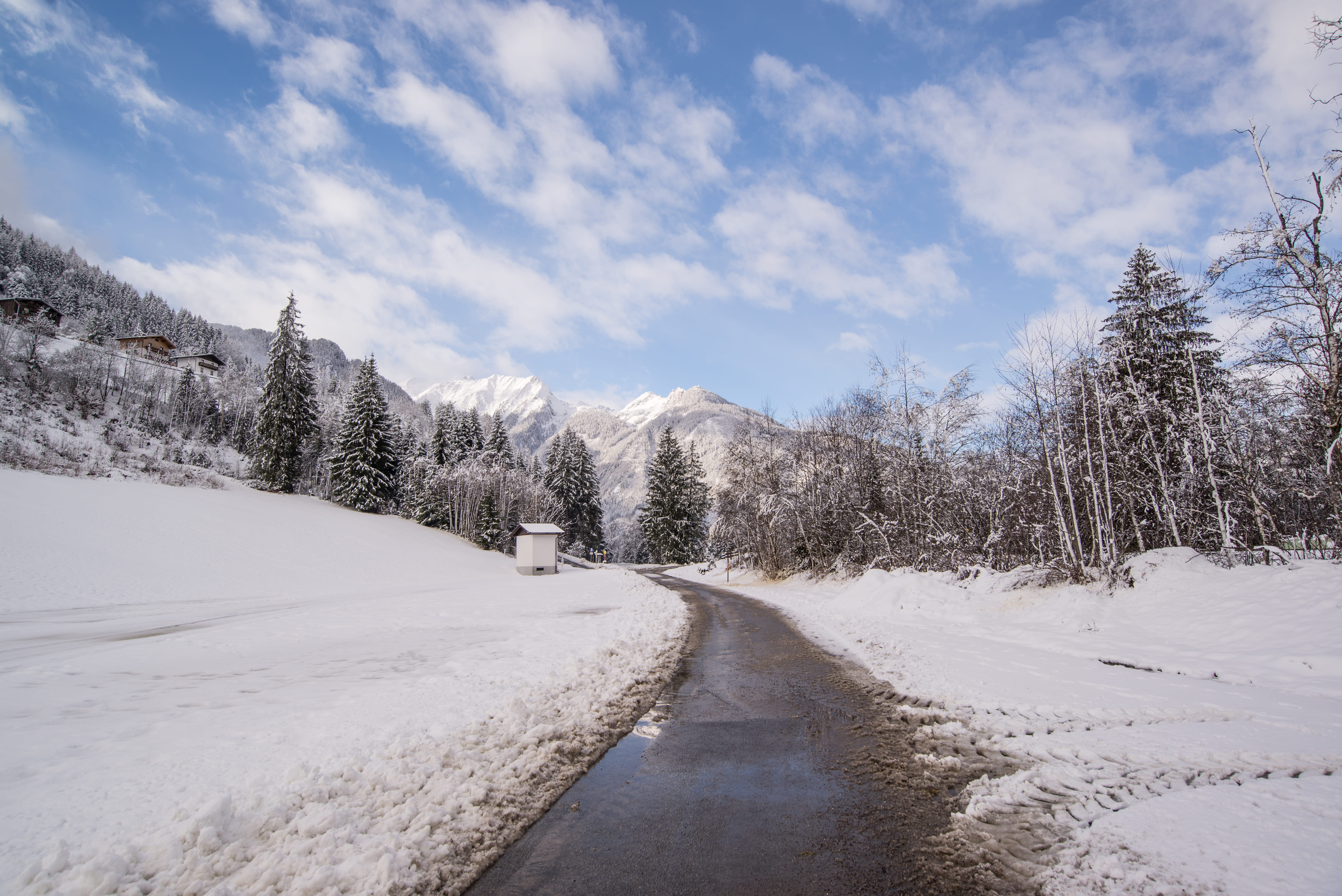 path, daylight, mountain, way, non-urban scene, direction, snow, scenic, tranquility, day, surrounded, environment, asphalt, winter, snowcapped mountain, HD Wallpaper