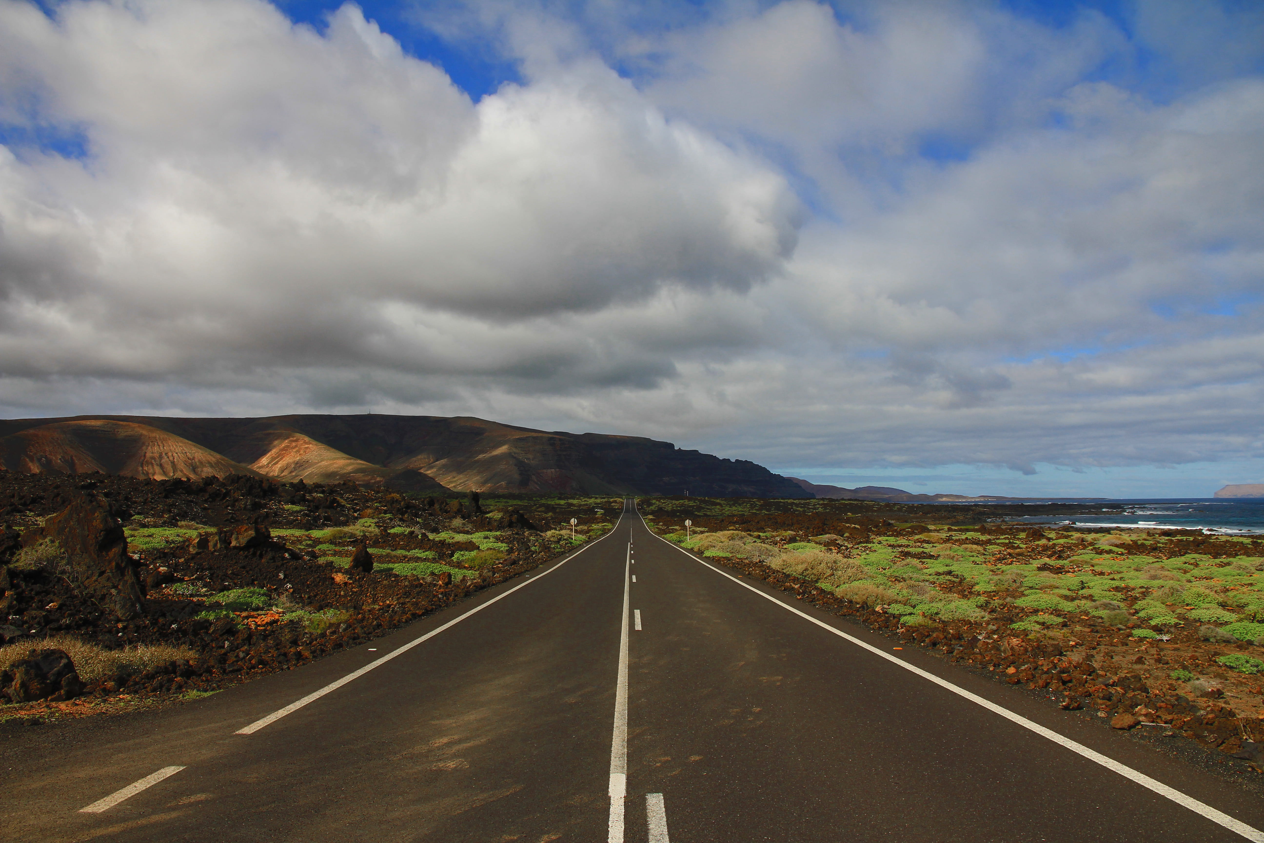 dividing line, asphalt, 5K, outdoors, road marking, water, direction, cloud - sky, marking, body, grass, concrete, tranquil scene, beauty in nature, no people, HD Wallpaper