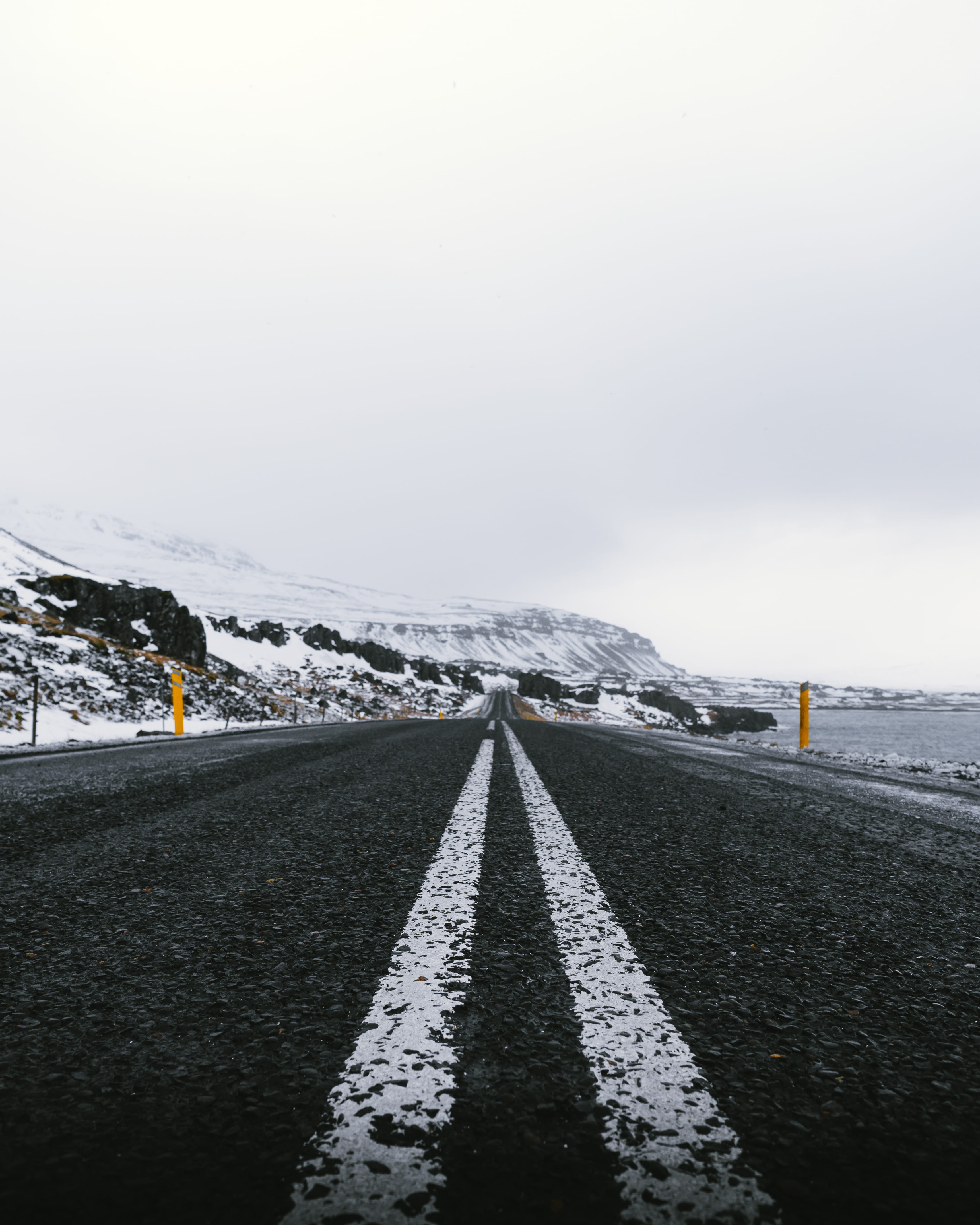 exploration, seaside, black, line, diminishing perspective, marking, drive, gray, winter, yellow, near, open road, outdoors, snowcapped mountain, cold temperature, Phone HD Wallpaper