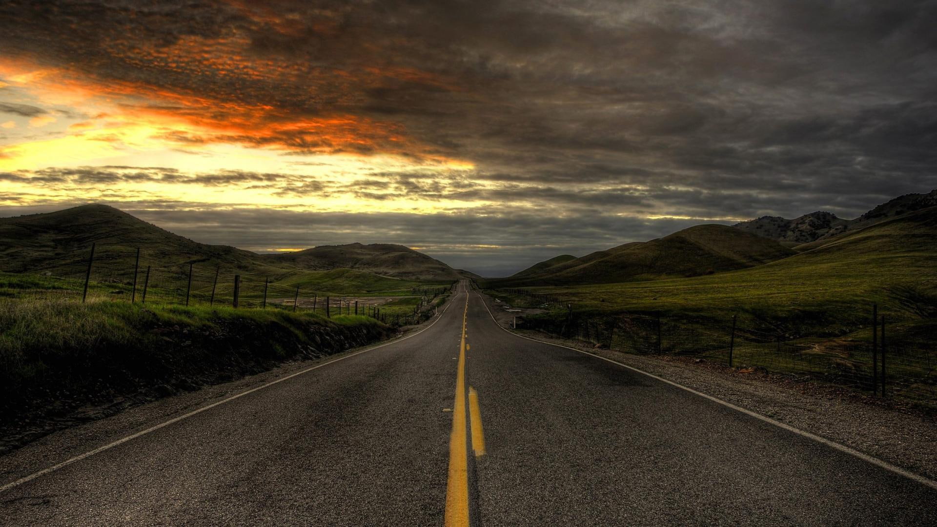 1080P, hills, nature and landscapes, highway, clouds, lone, hdr, sunrise, HD Wallpaper