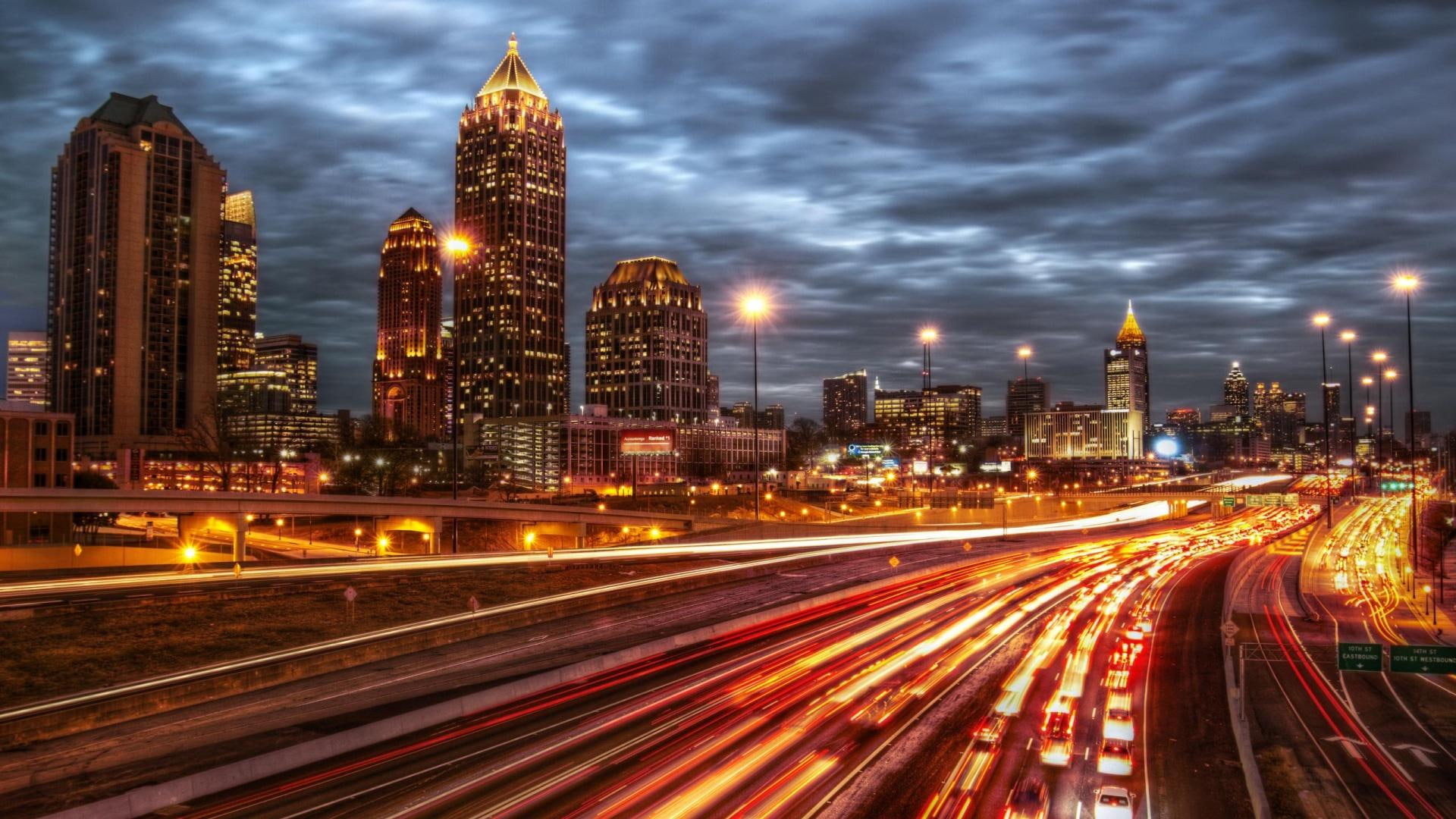 nature and landscapes, clouds, lights, hdr, city, 1080P, highway, atlanta, HD Wallpaper