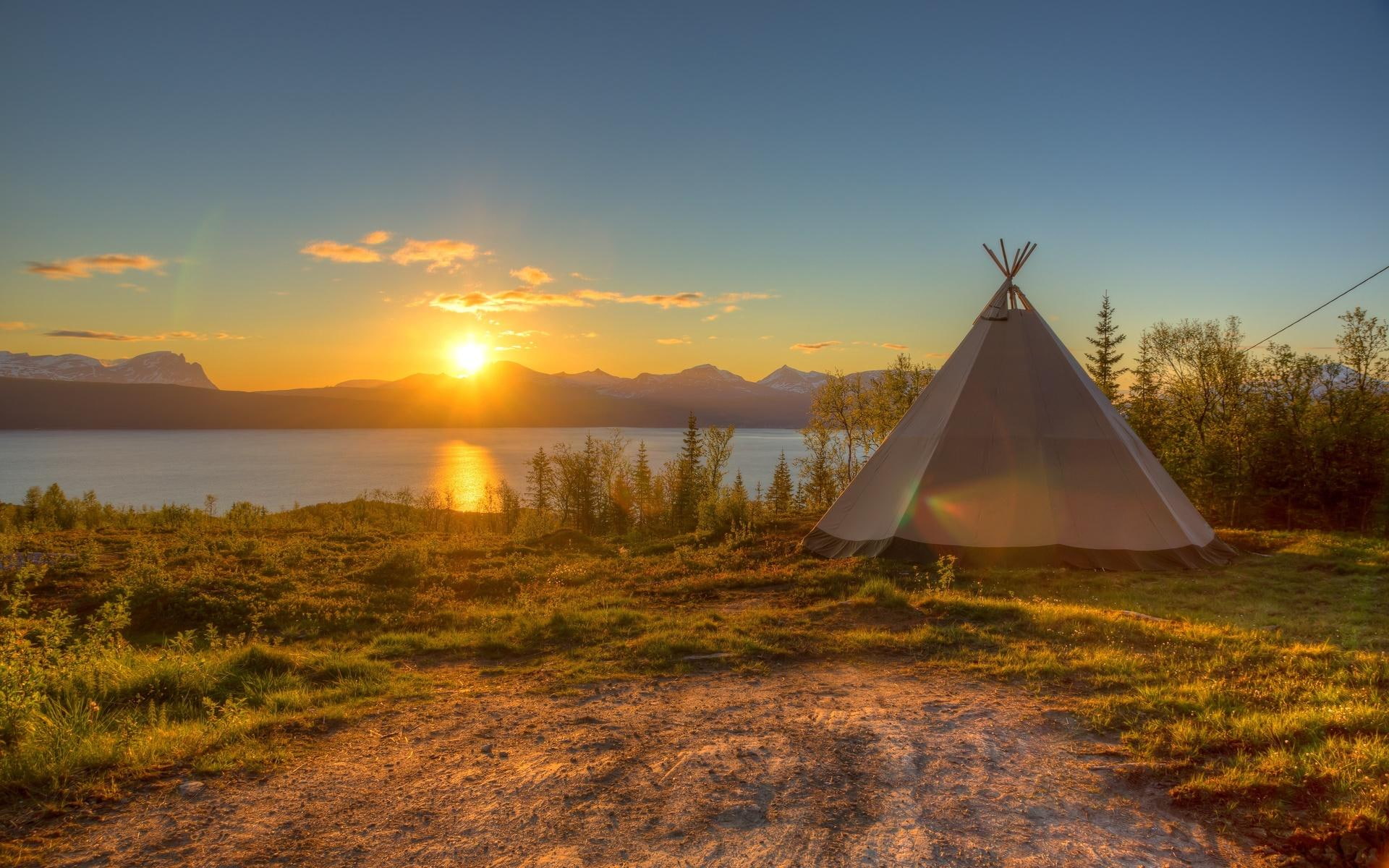 tepee, teppe, sundown, lovely, hdr, shore, trees, 1080P, lake, nature and landscapes, HD Wallpaper