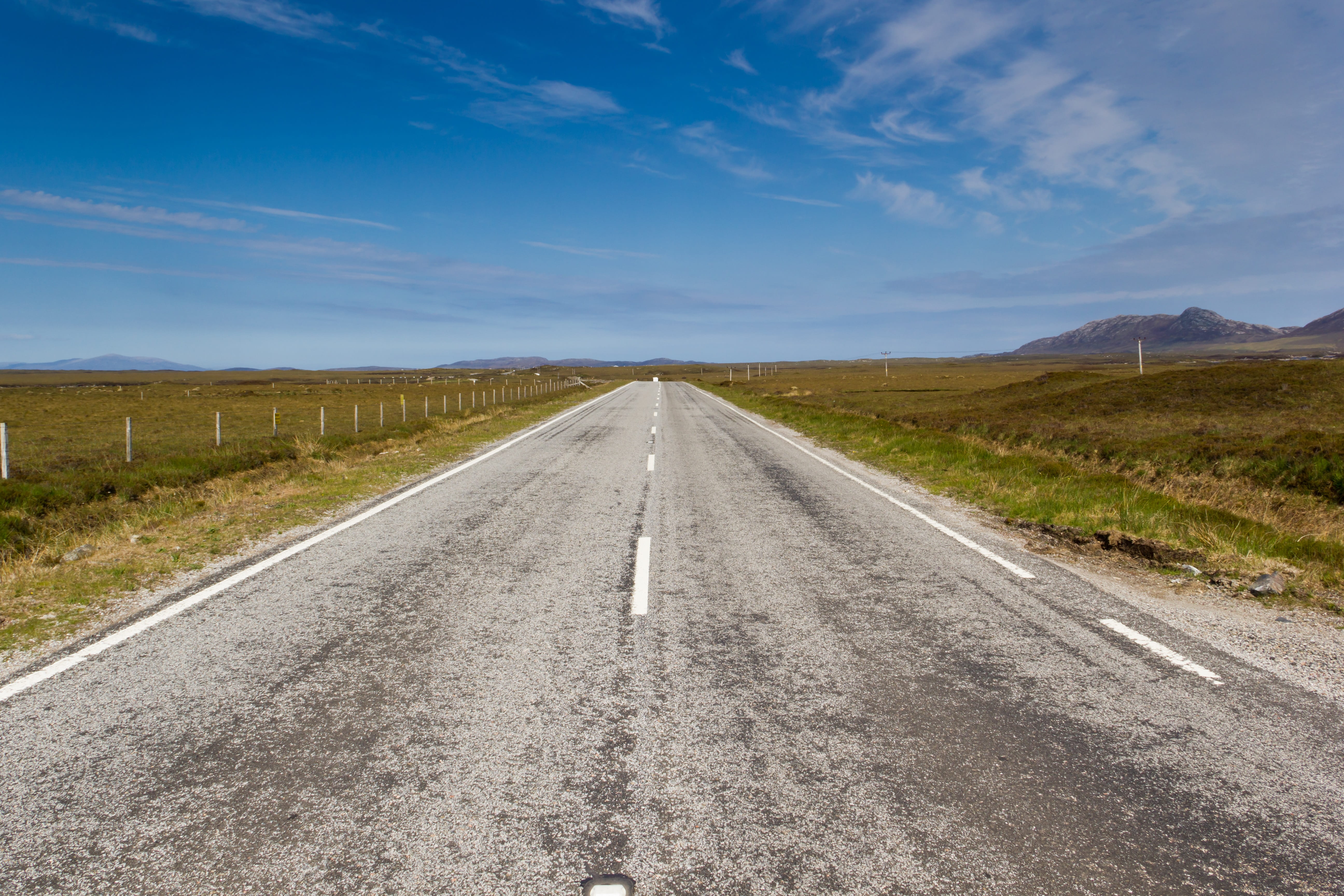 transportation, 5K, hill, outdoors, tranquility, sign, road marking, non-urban scene, vanishing point, road, straight, cloud, mountains, direction, sky, HD Wallpaper