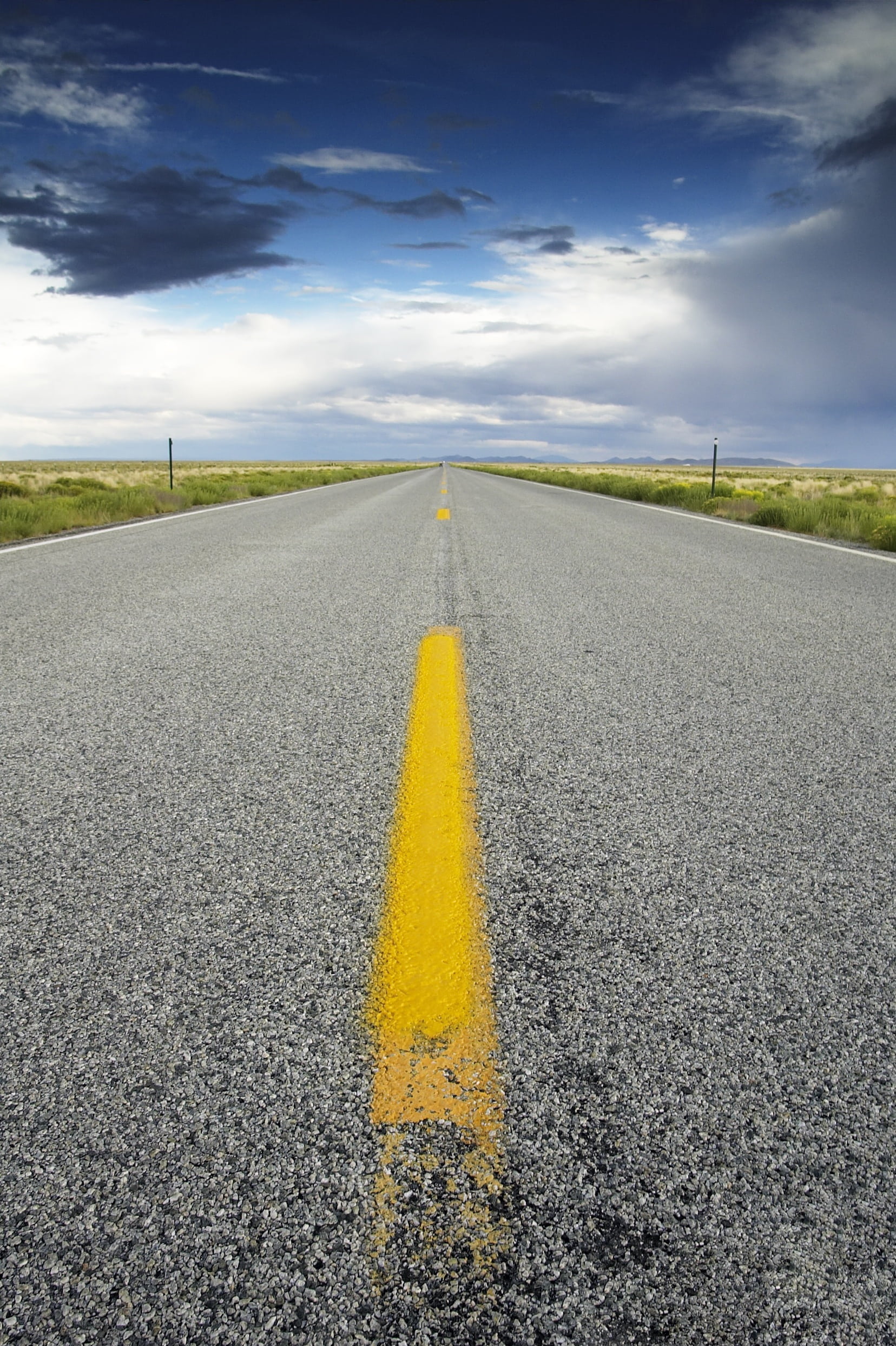 empty, travel, yellow, the way forward, dom, sky, street, highway, straight, destination, way, sign, road marking, environment, marking, day, direction, Phone HD Wallpaper