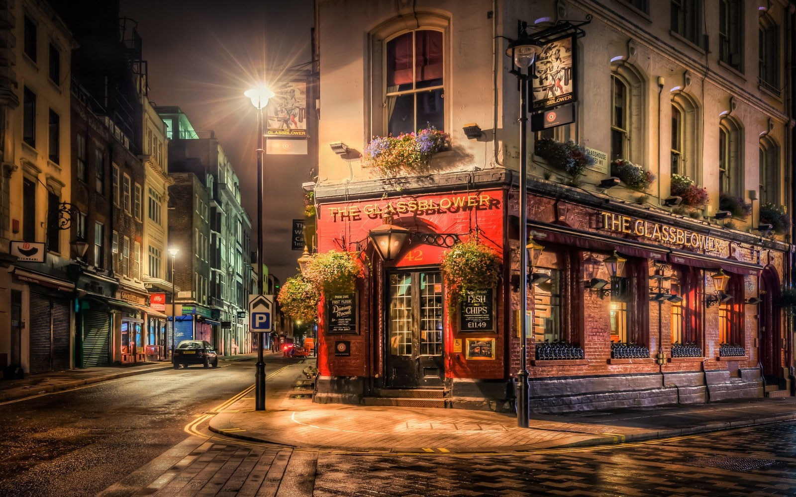 pavers, architecture, urban, street, building, city, bar, 720P, night, lights, London, HD Wallpaper