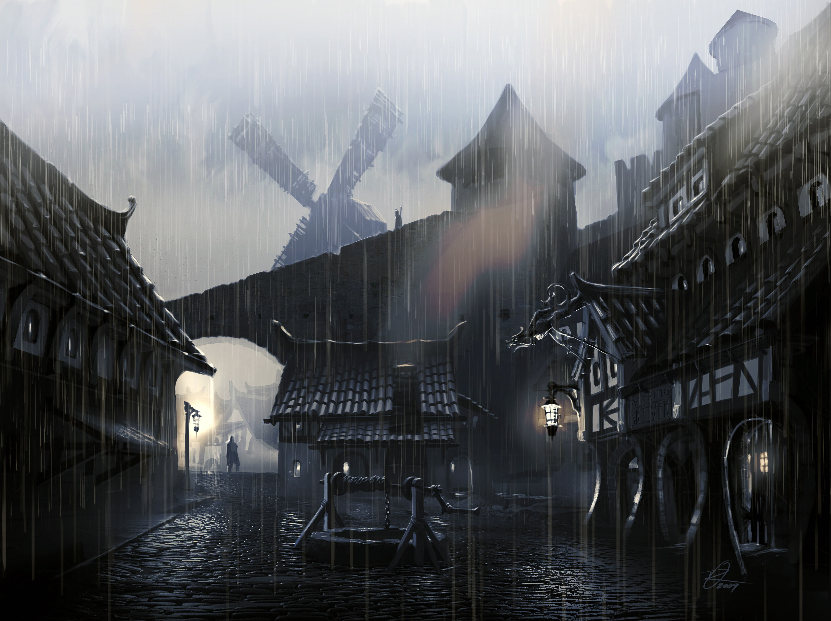 Skyrim, grayscale, no People, fog, nautical vessel, house, china - East Asia, concept atr, lights, people, history, village, outdoors, sky, night, photo, HD Wallpaper