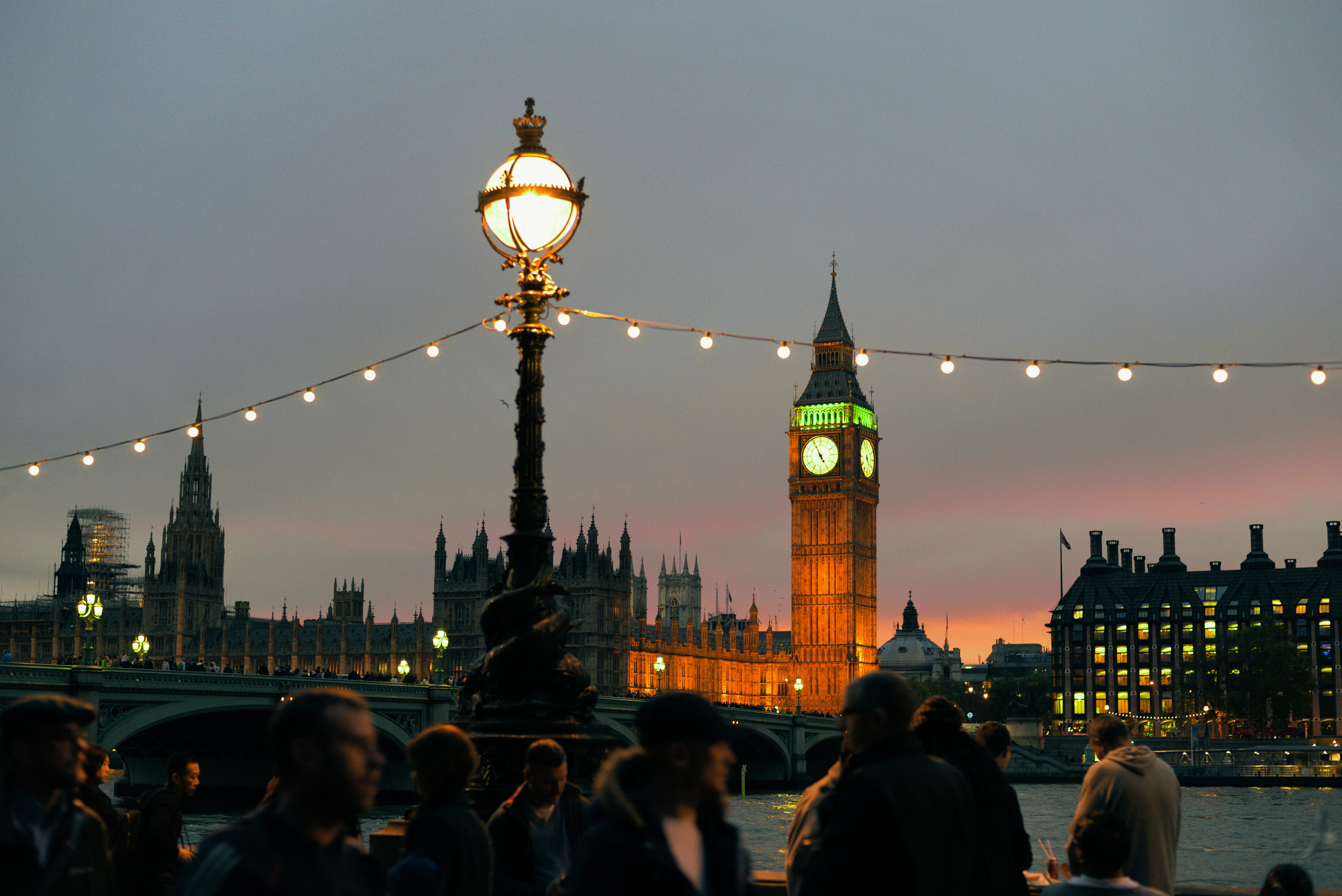 body of water, pedestrian, city, dusk, city Of Westminster, clock tower, street light, city life, london - England, elizabeth, architecture, international Landmark, HD Wallpaper