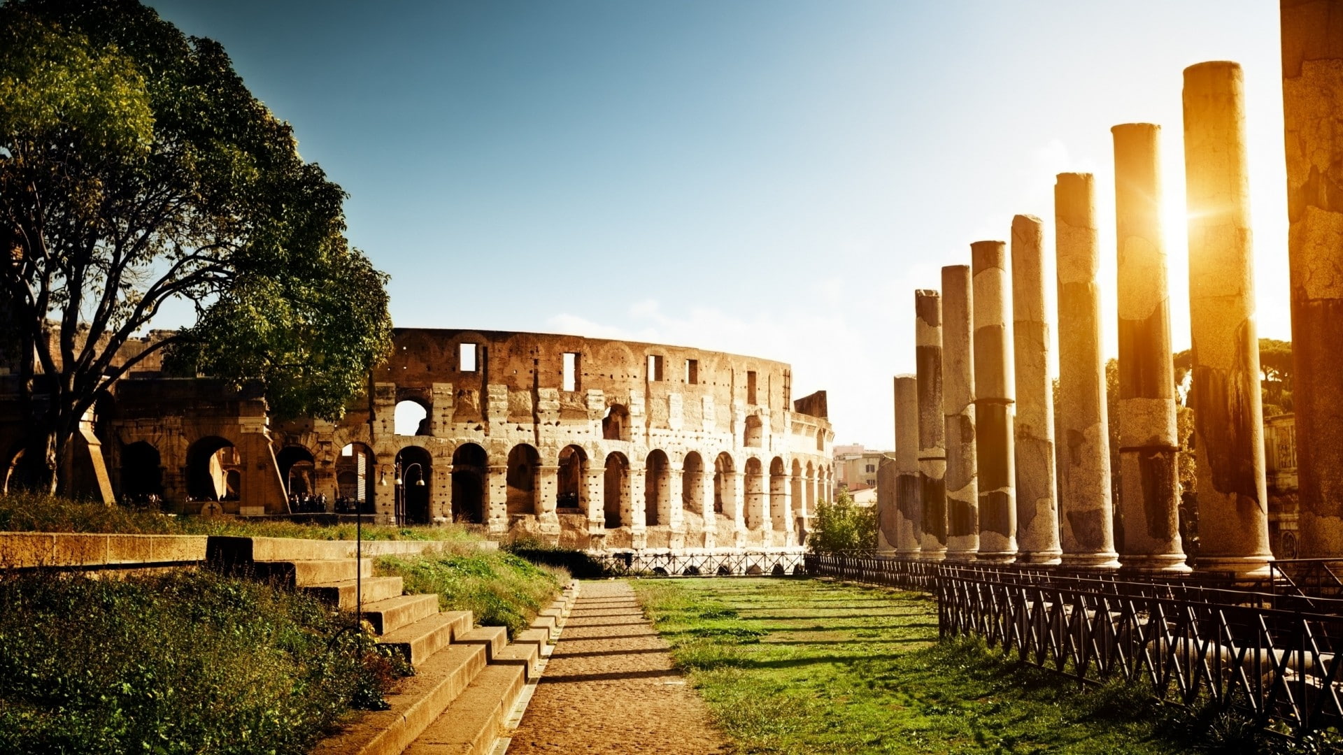 monuments, sunlight, 1080P, stone, nature, architecture, capital, arch, field, stairs, building, Sun, path, Rome, Italy, arena, grass, trees, Colosseum, HD Wallpaper