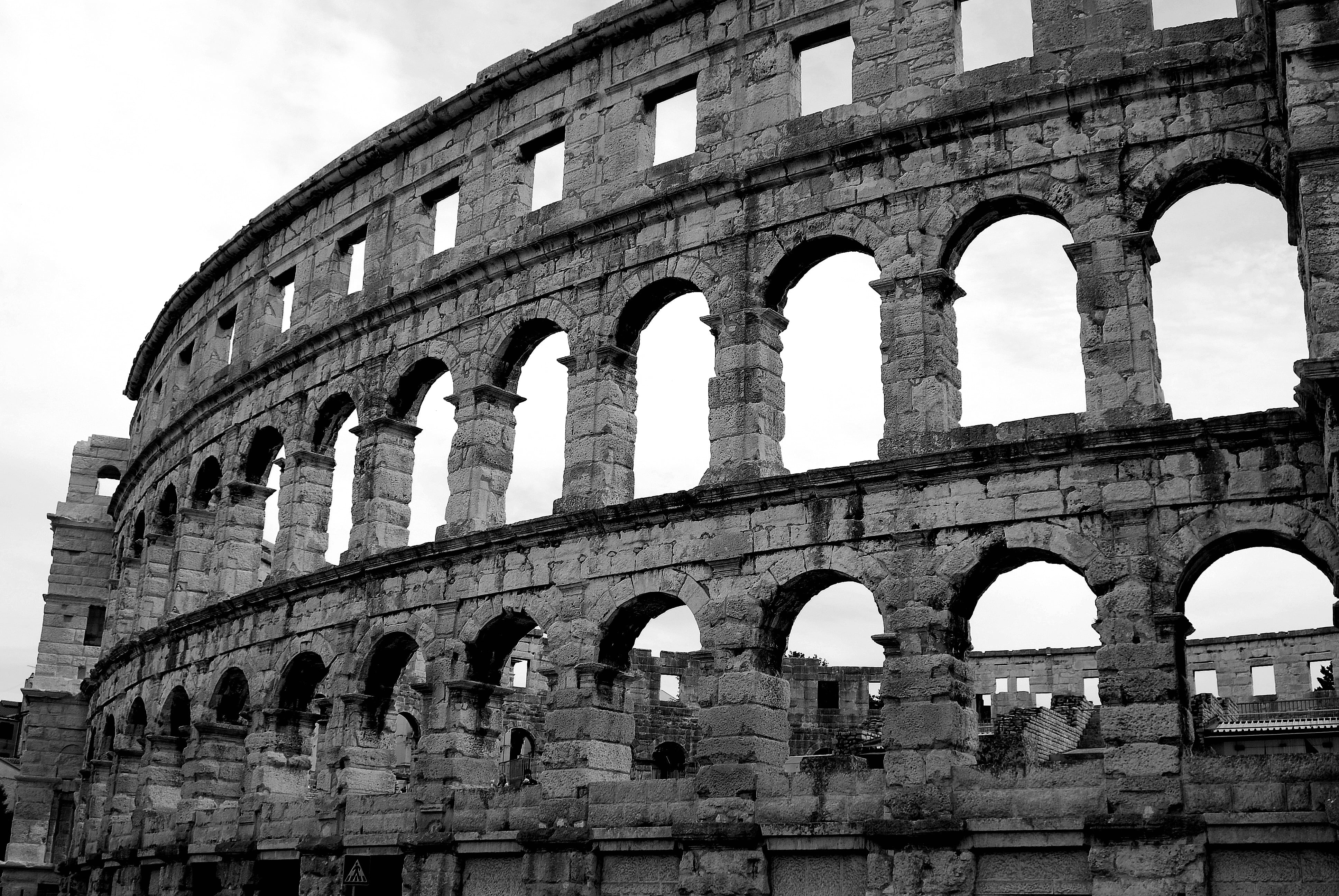 ancient, croatia, monument, colosseum, the coliseum, history, arched, tourism, ruined, travel destinations, grayscale, built structure, day, old ruin, the past, HD Wallpaper