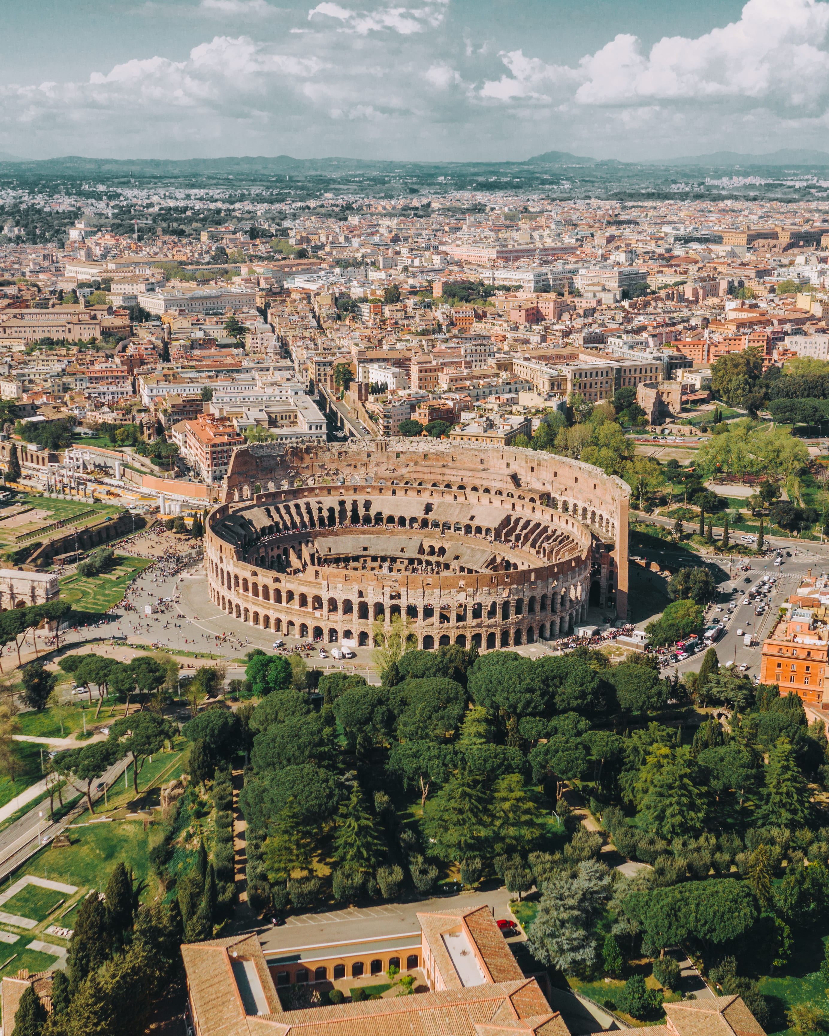 residential district, architecture, built structure, nature, rome, colosseum, the past, outdoors, travel destinations, cityscape, tree, history, 2K, italy, Phone HD Wallpaper