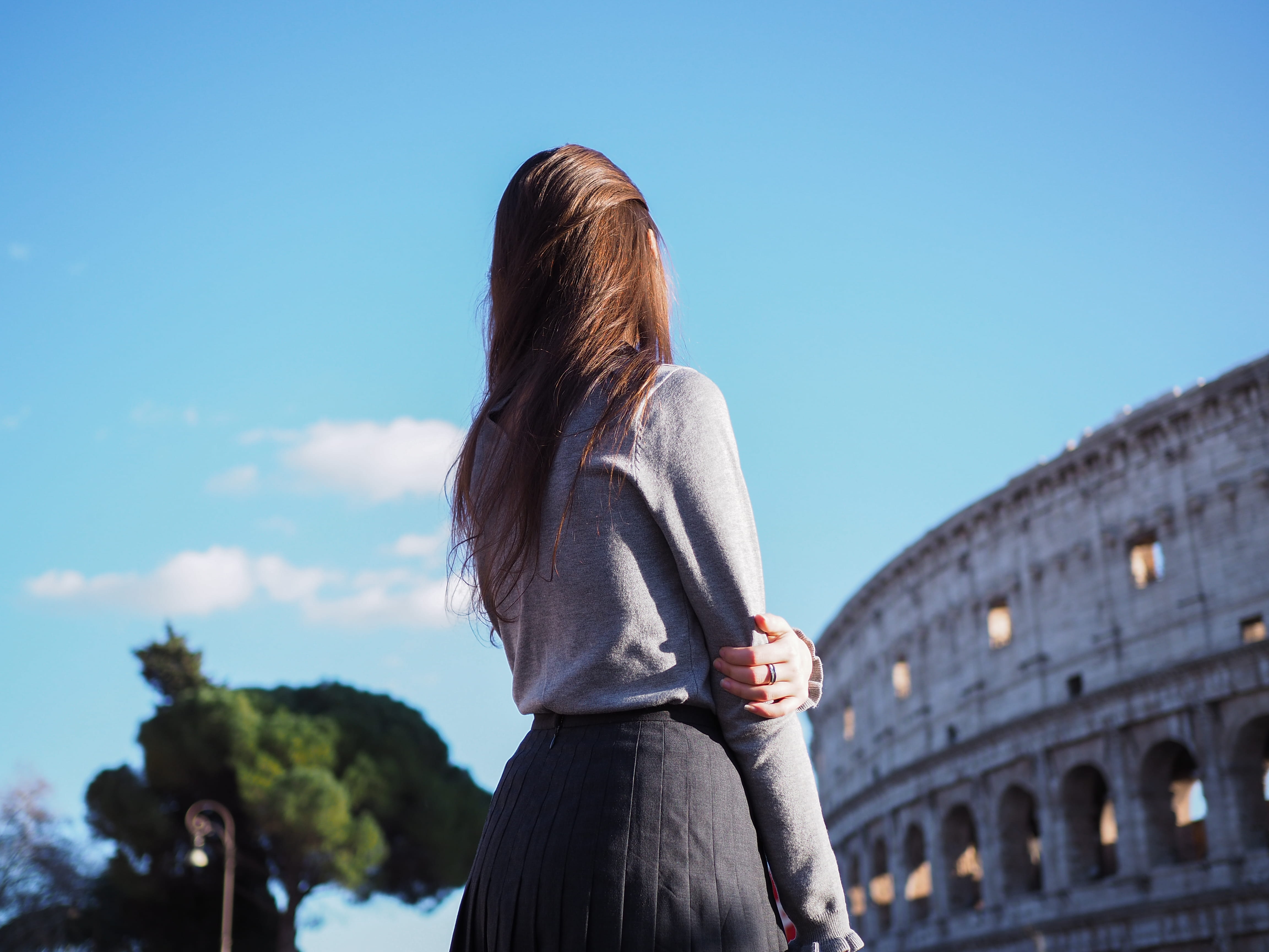 standing, one person, young women, sky, italy, focus on foreground, roma, colosseum, casual clothing, built structure, hair, real people, 4K, long hair, HD Wallpaper