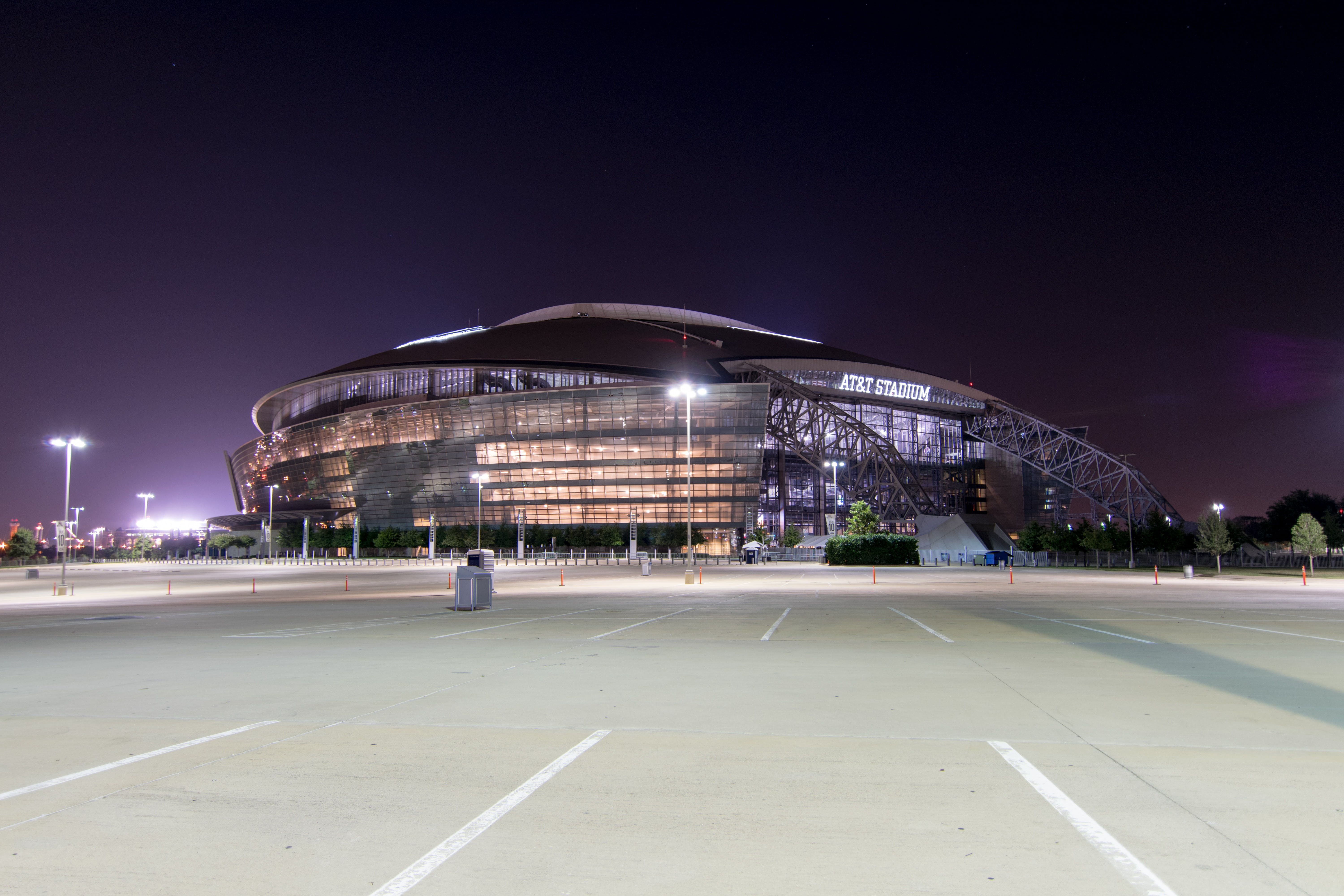 stadium, built Structure, no people, symbol, dallas, modern, night, 5K, famous Place, urban Scene, street, road marking, sign, texas, cityscape, sports, HD Wallpaper