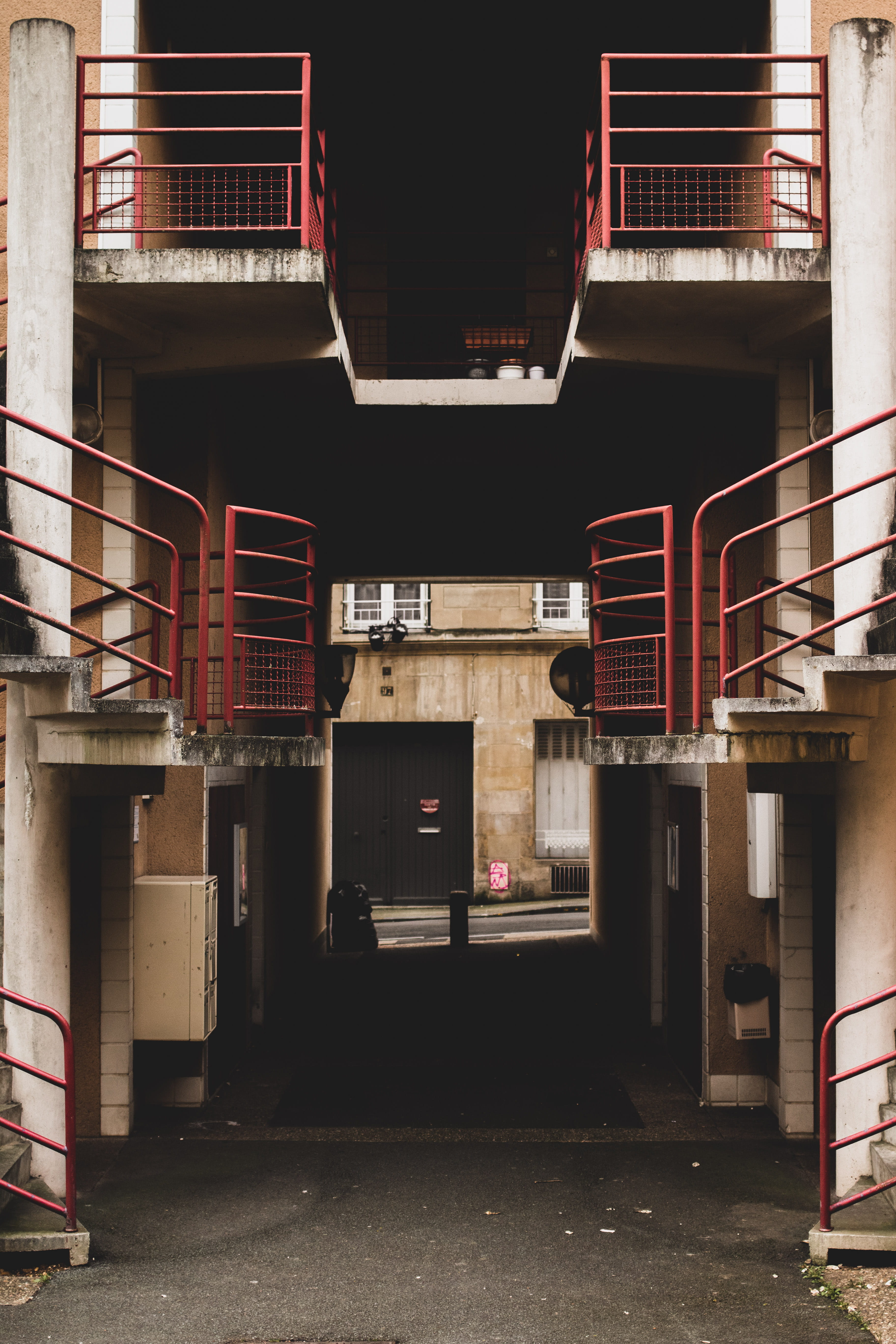 building, concrete, no people, town, brick, red, entrance, industry, built structure, corridor, door, white, alley, banister, urban, 5K, alleyway, day, Phone HD Wallpaper