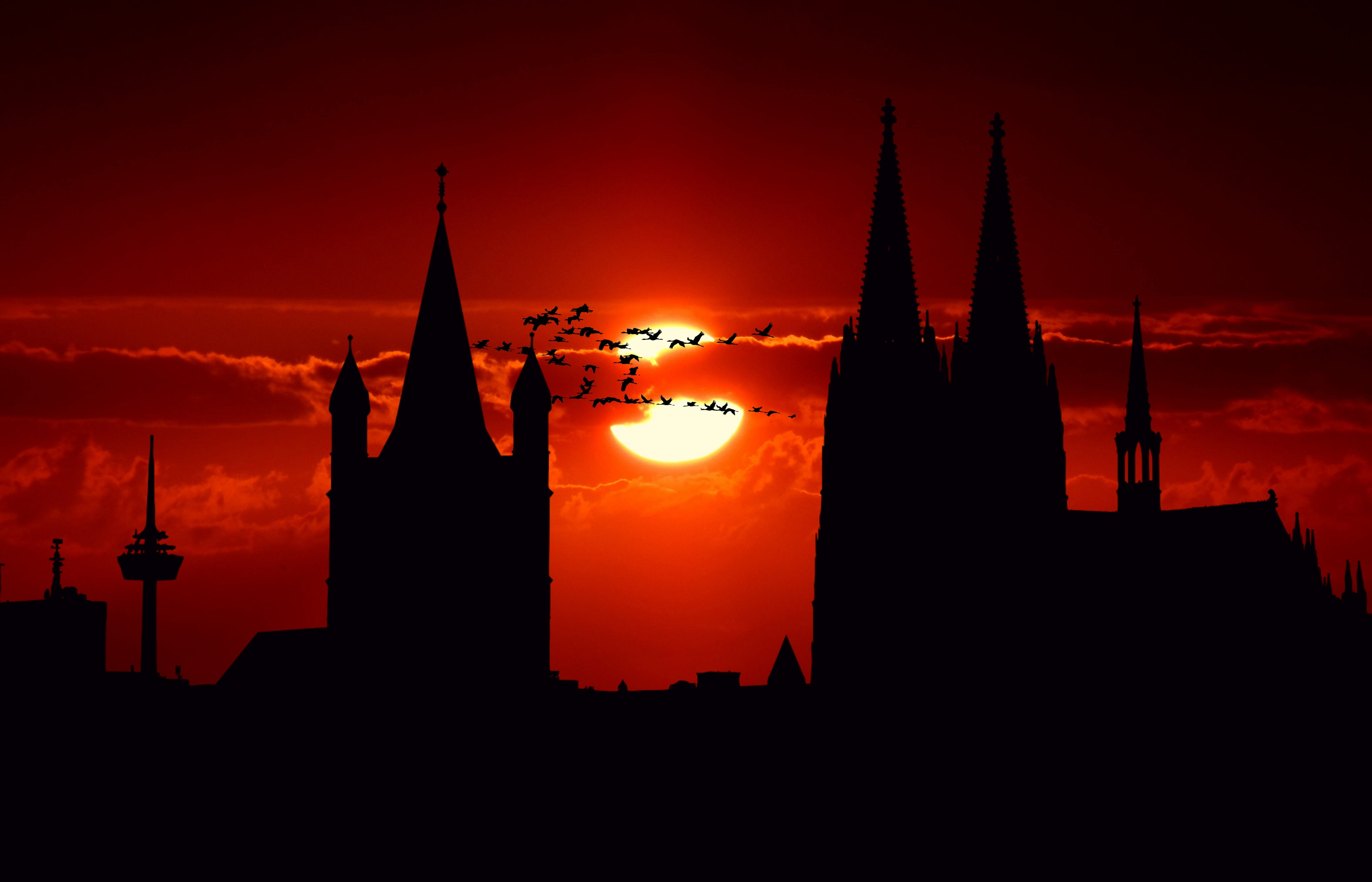skyscraper, architecture, silhouette, cologne cathedral, orange color, city view, office building exterior, afterglow, outdoors, tower, mood, composing, HD Wallpaper