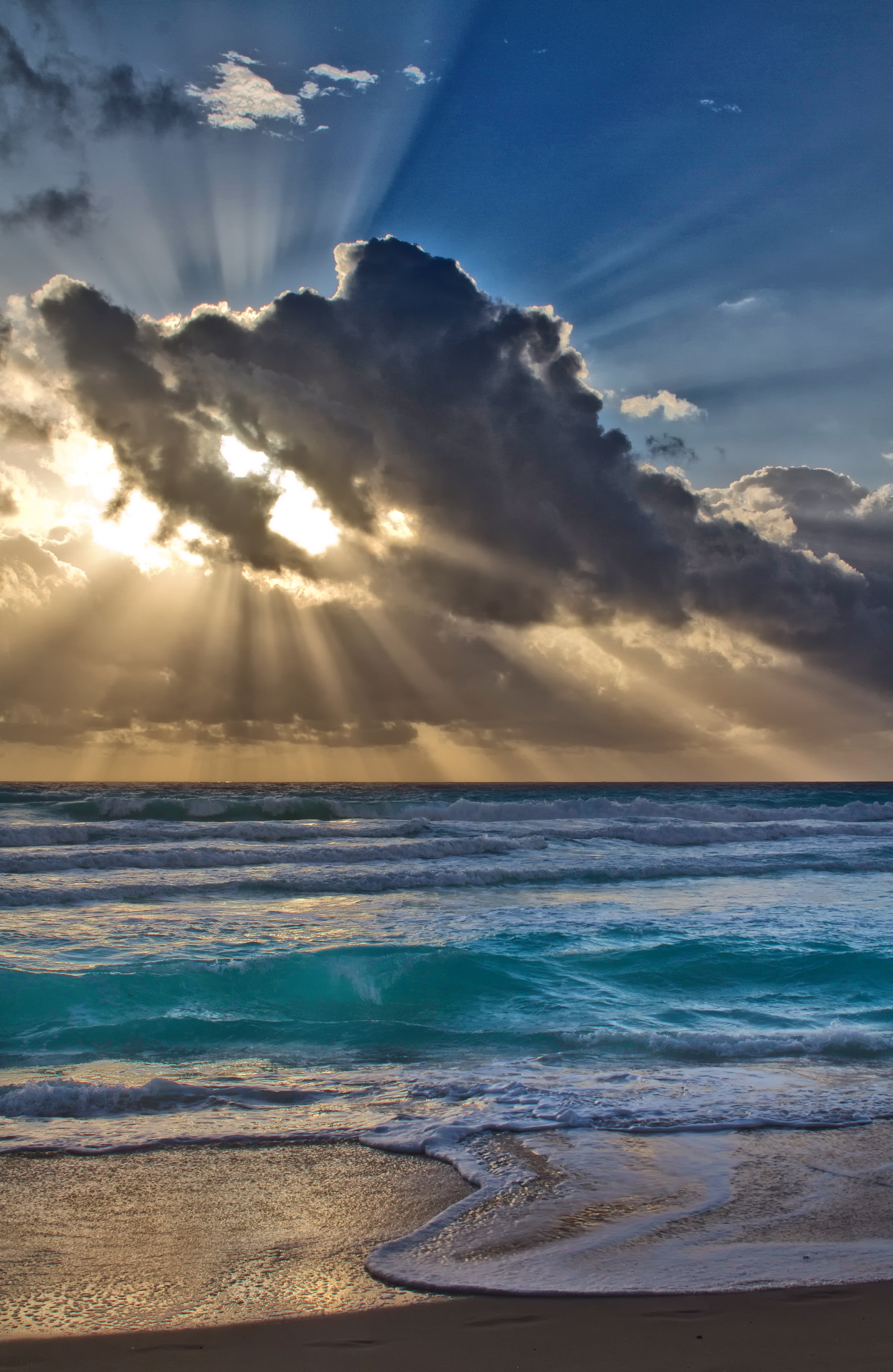 cancun, sand, sunset, blue, summer, vacancy, beach, outdoors, beauty In Nature, sky, rays, no people, light, cloud, non-urban scene, shine, tranquil scene, Phone HD Wallpaper