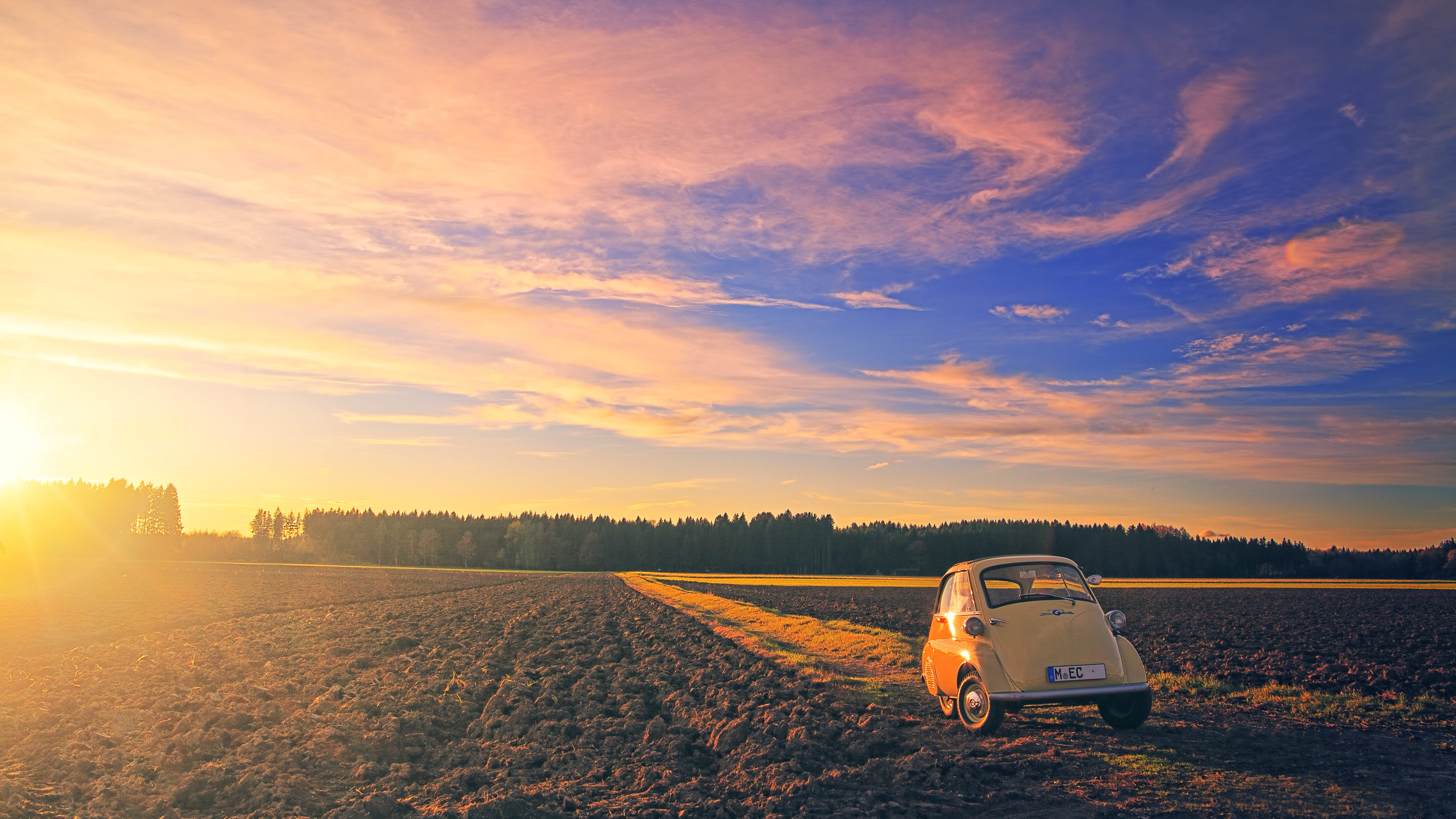mode of transportation, rural scene, oldtimer, landscape, environment, sky, light, evening, yellow, outdoors, clouds, lifestyles, vehicle, one person, sunlight, HD Wallpaper