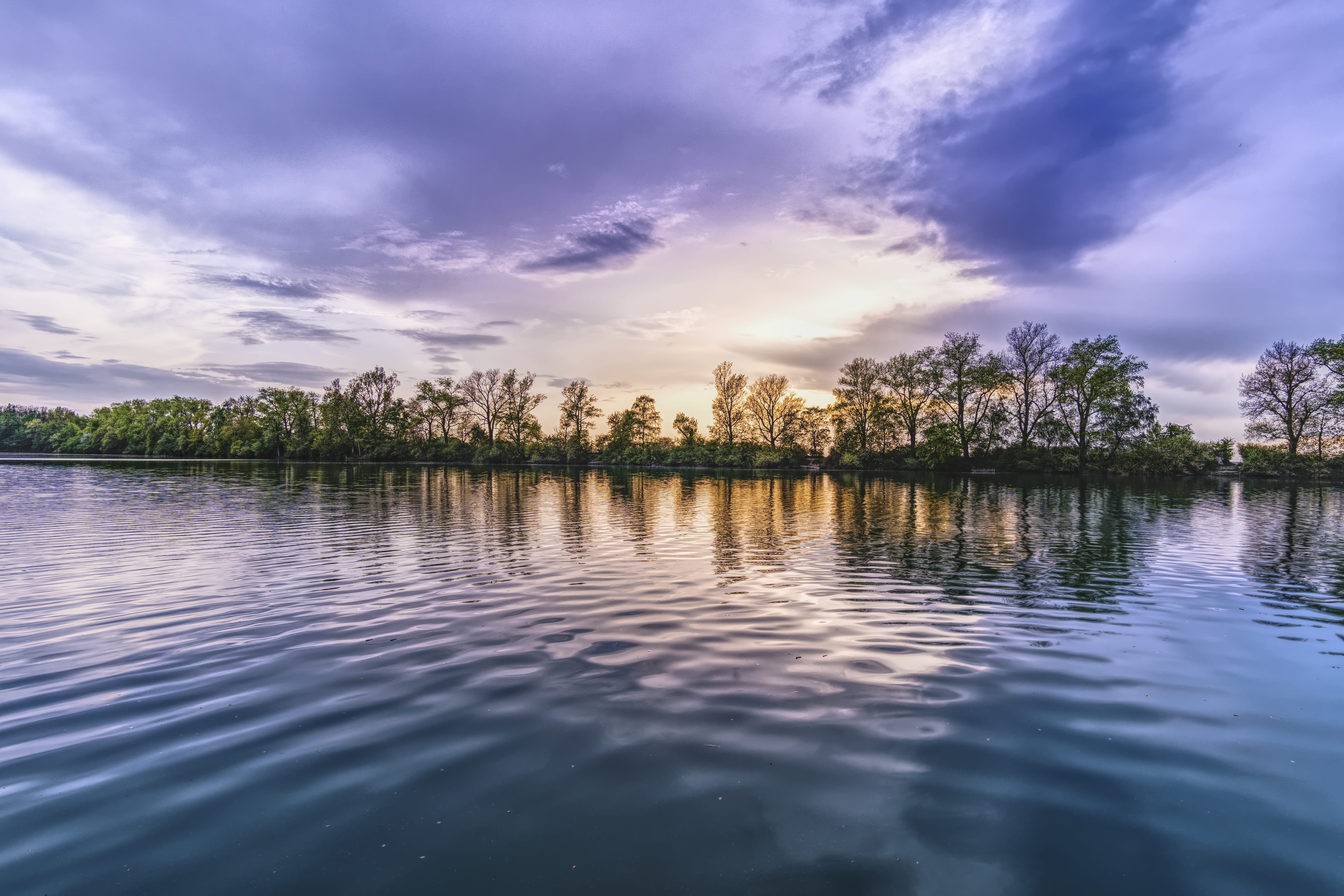 5K, cloudy, beautiful, evening, no people, sunset, trees, scenic, sun, tranquility, lake, idyllic, cloud, beauty in nature, body, reflection lake, waterfront, HD Wallpaper