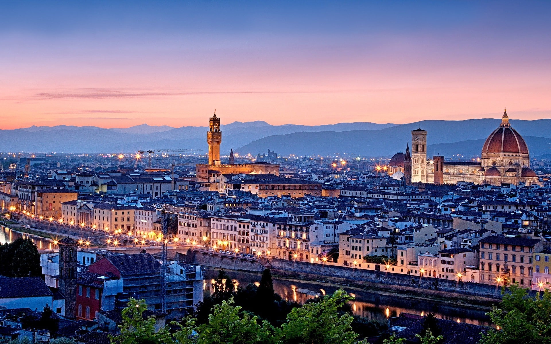 church, view, firenze, Florence, area, 1080P, Tuscany, sunset, HD Wallpaper