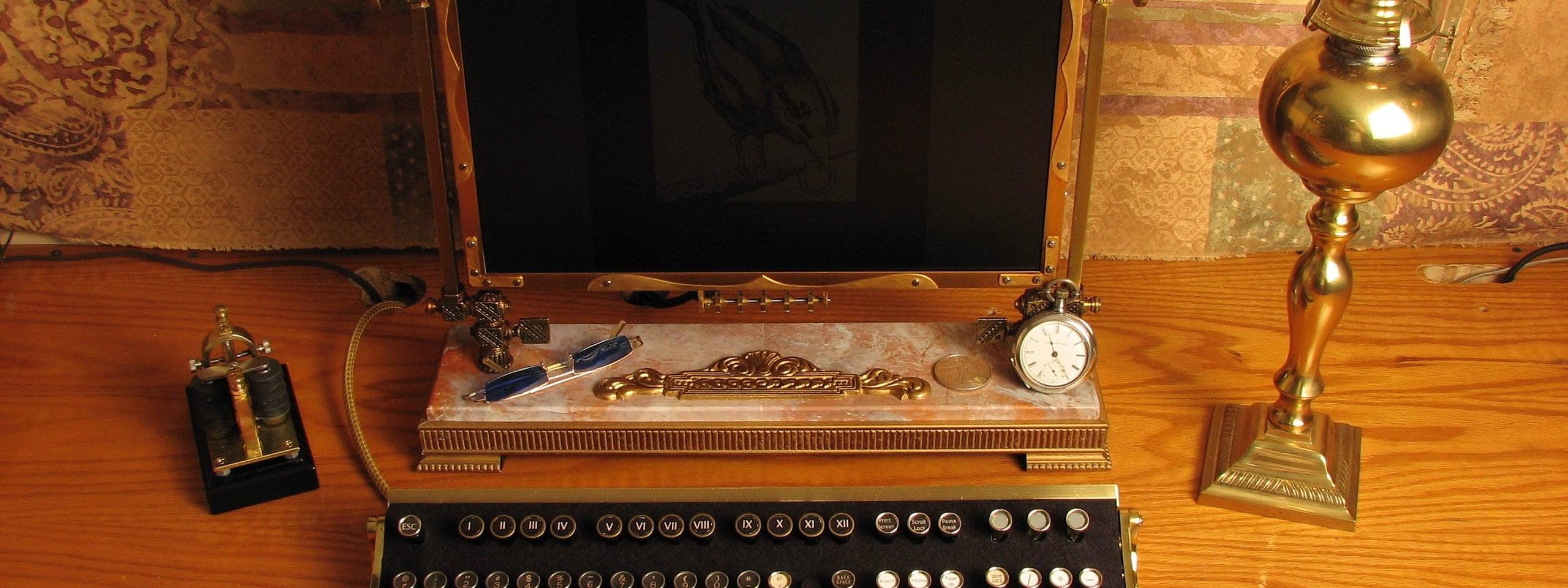 the past, brown, antique, communication, still life, social issues, keyboards, 2K, text, gun, wooden, indoors, furniture, weapon, no people, steampunk, HD Wallpaper