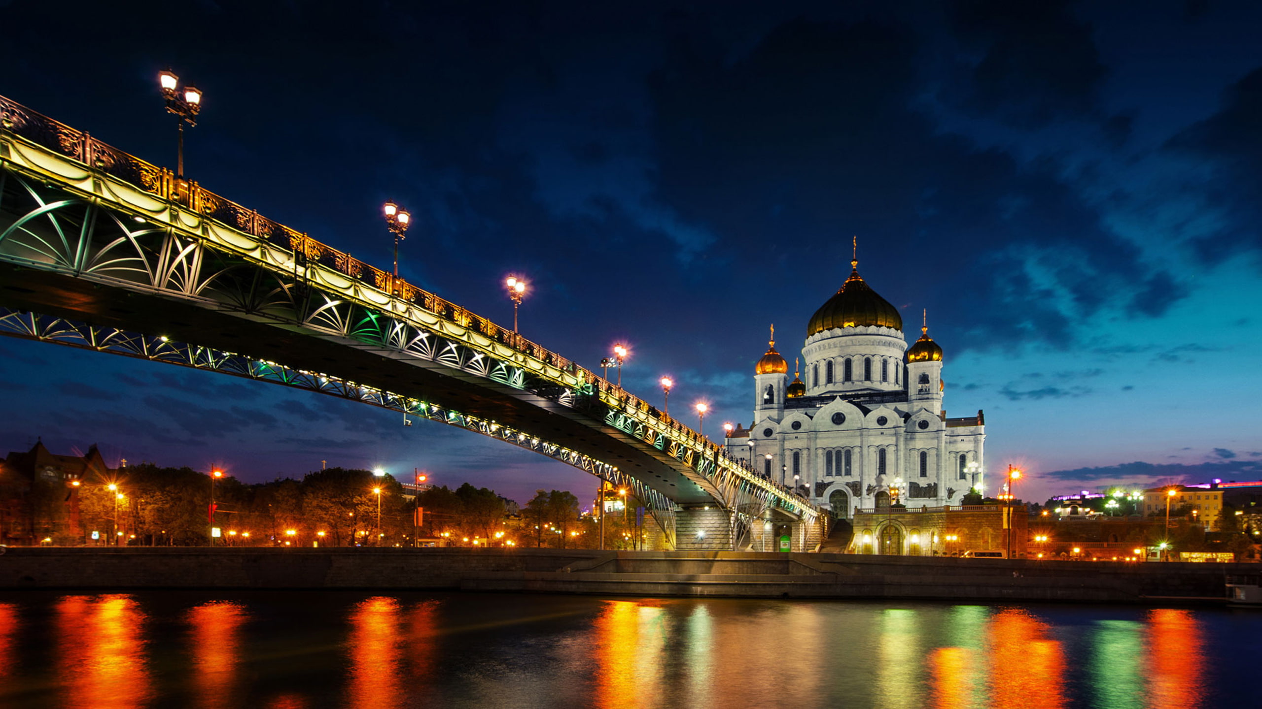 cathedral, s, moscow, birth, lights, background, russia, city, river, temple, 2K, night, christ, dike, HD Wallpaper