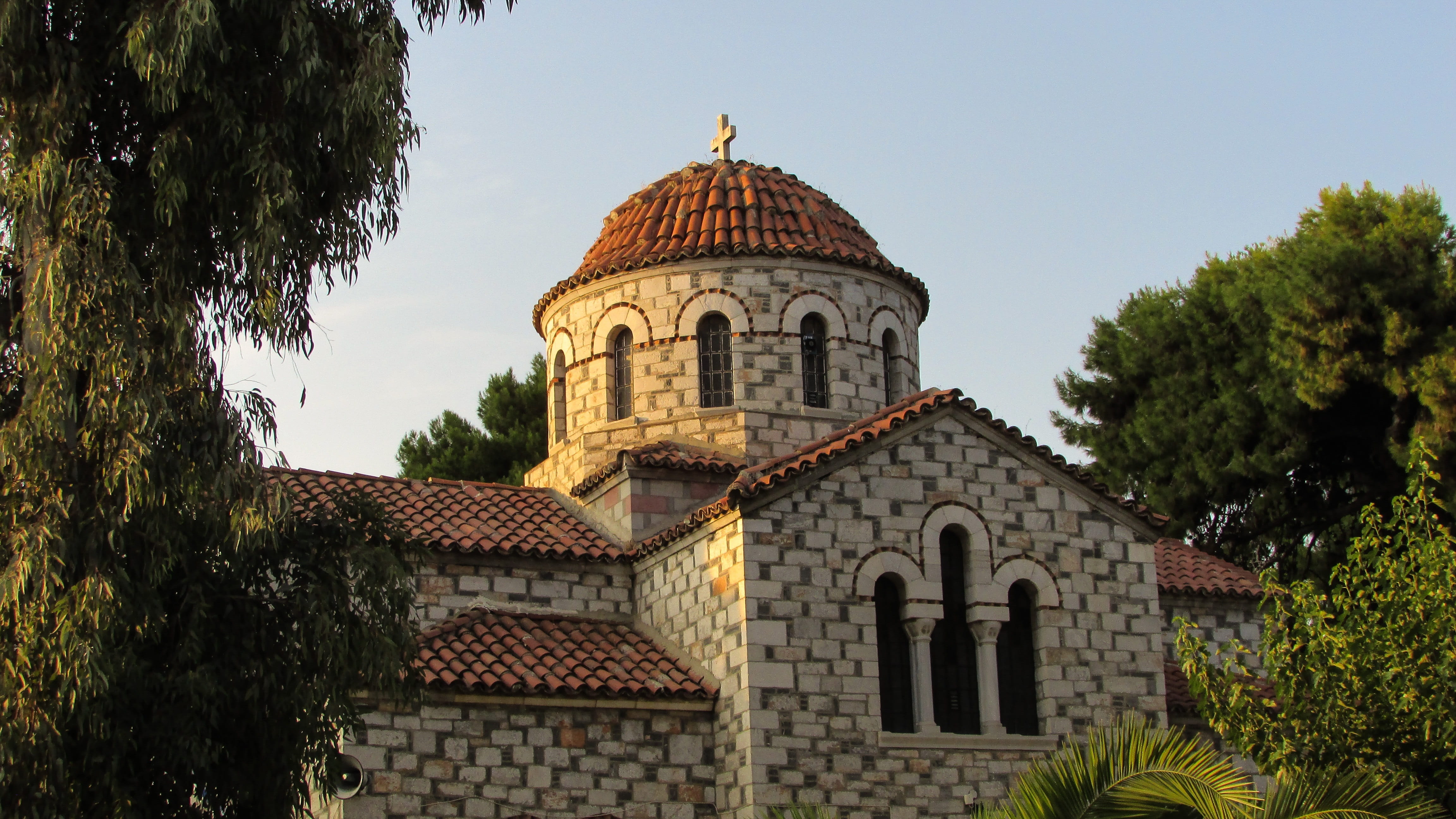 no people, Volos, 4K, travel destinations, nature, sky, outdoors, Ayia, Greece, architecture, plant, built structure, low angle view, Church, tree, the past, HD Wallpaper