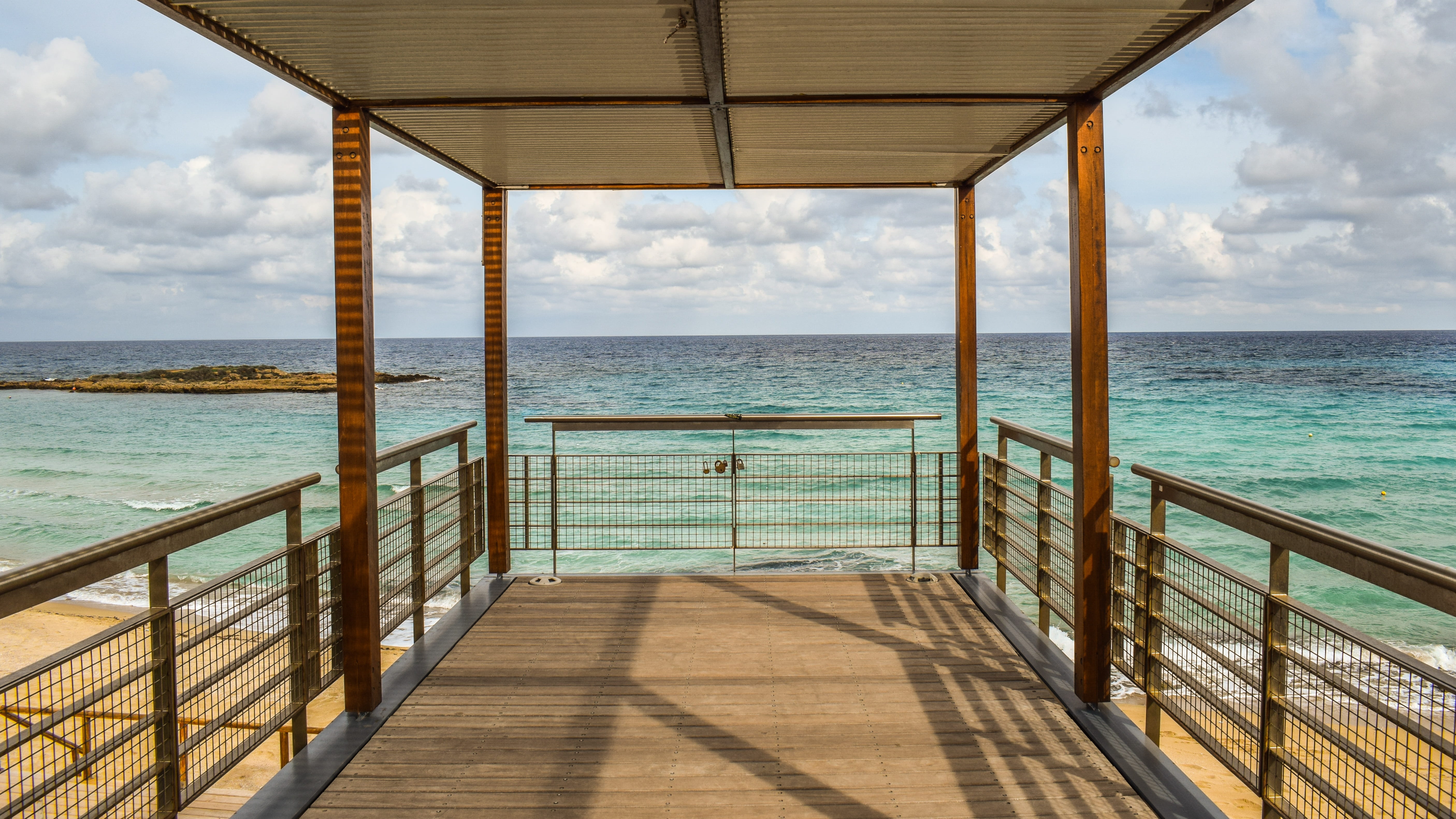 railing, water, day, horizon, sea, outdoors, fig tree bay, sky, no people, nature, beach, view, built structure, protaras, beauty in nature, tranquility, HD Wallpaper