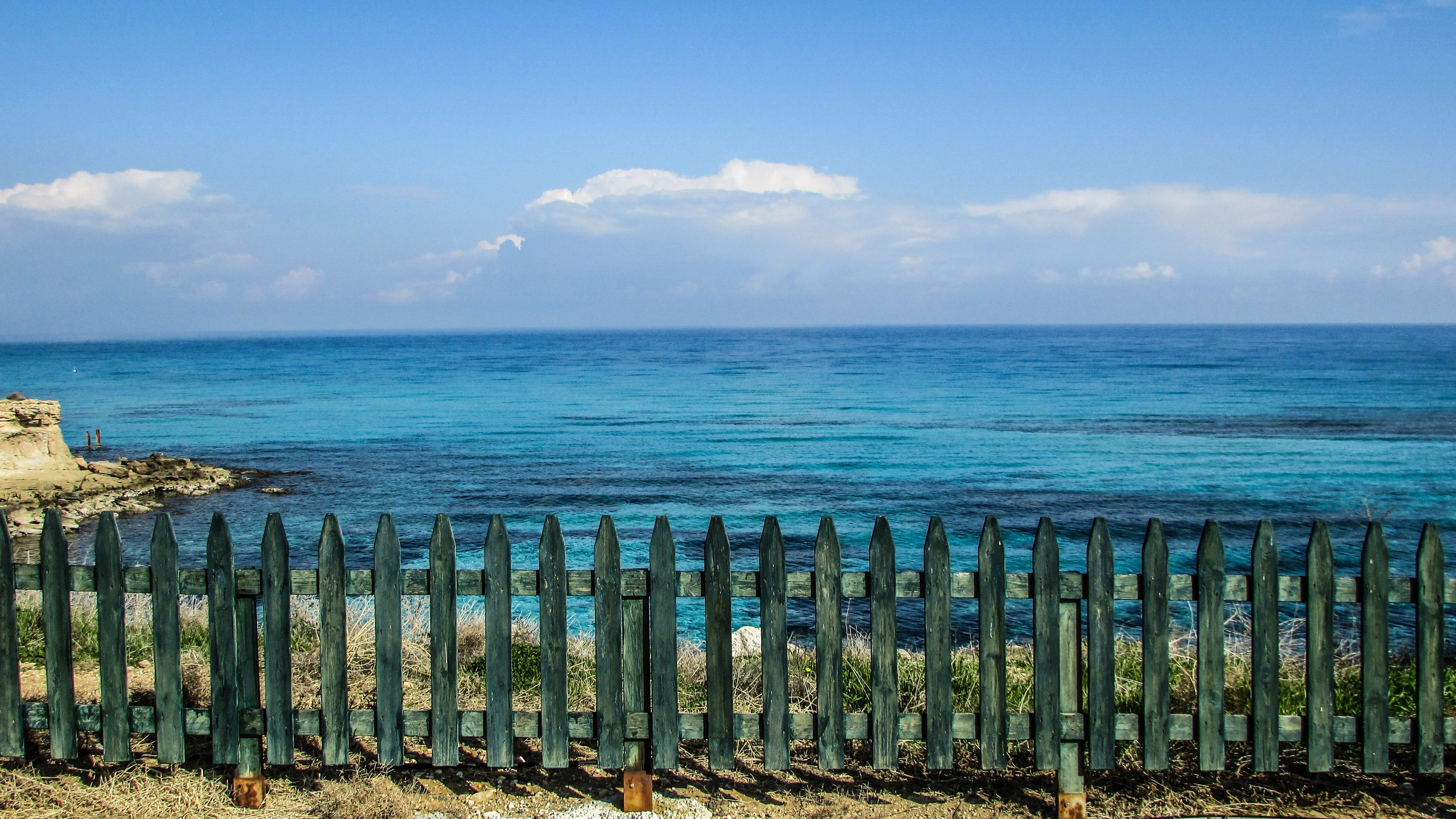 Sea, Fence, nature, beach, beauty in nature, land, sky, water, Cyprus, plant, scenics, horizon over water, tranquil scene, turquoise colored, in a row, HD Wallpaper