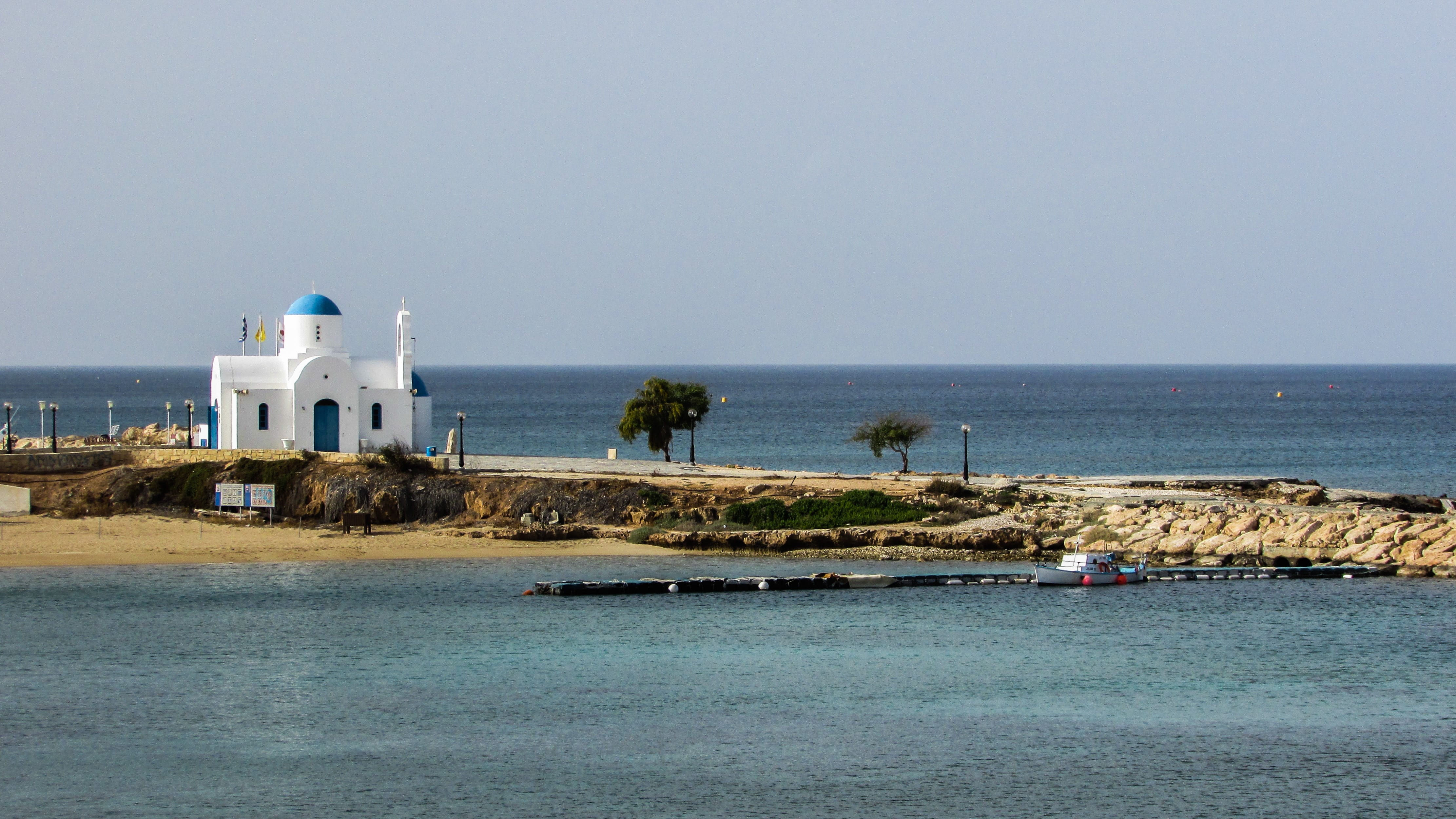 horizon over water, outdoors, landscape, Protaras, Church, sea, Ayios Nikolaos, architecture, travel, horizon, Cyprus, sky, tower, famagusta, built structure, HD Wallpaper